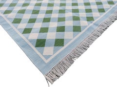 Handmade Cotton Area Flat Weave Rug, 12x15 Green And Blue Checked Indian Dhurrie