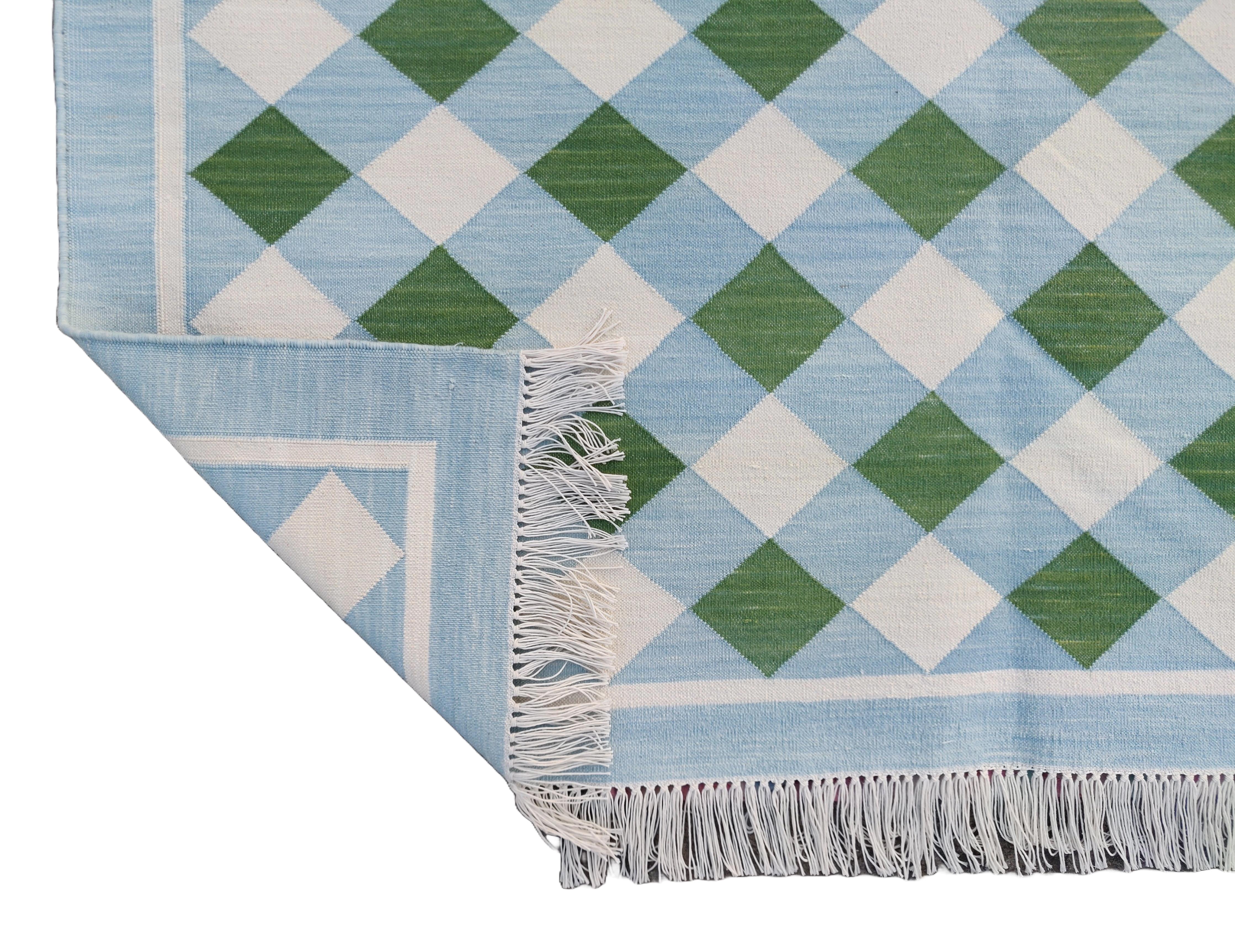 Mid-Century Modern Tapis Dhurrie indien à carreaux verts et bleus, tissé à la main, 12 x 15 cm en vente