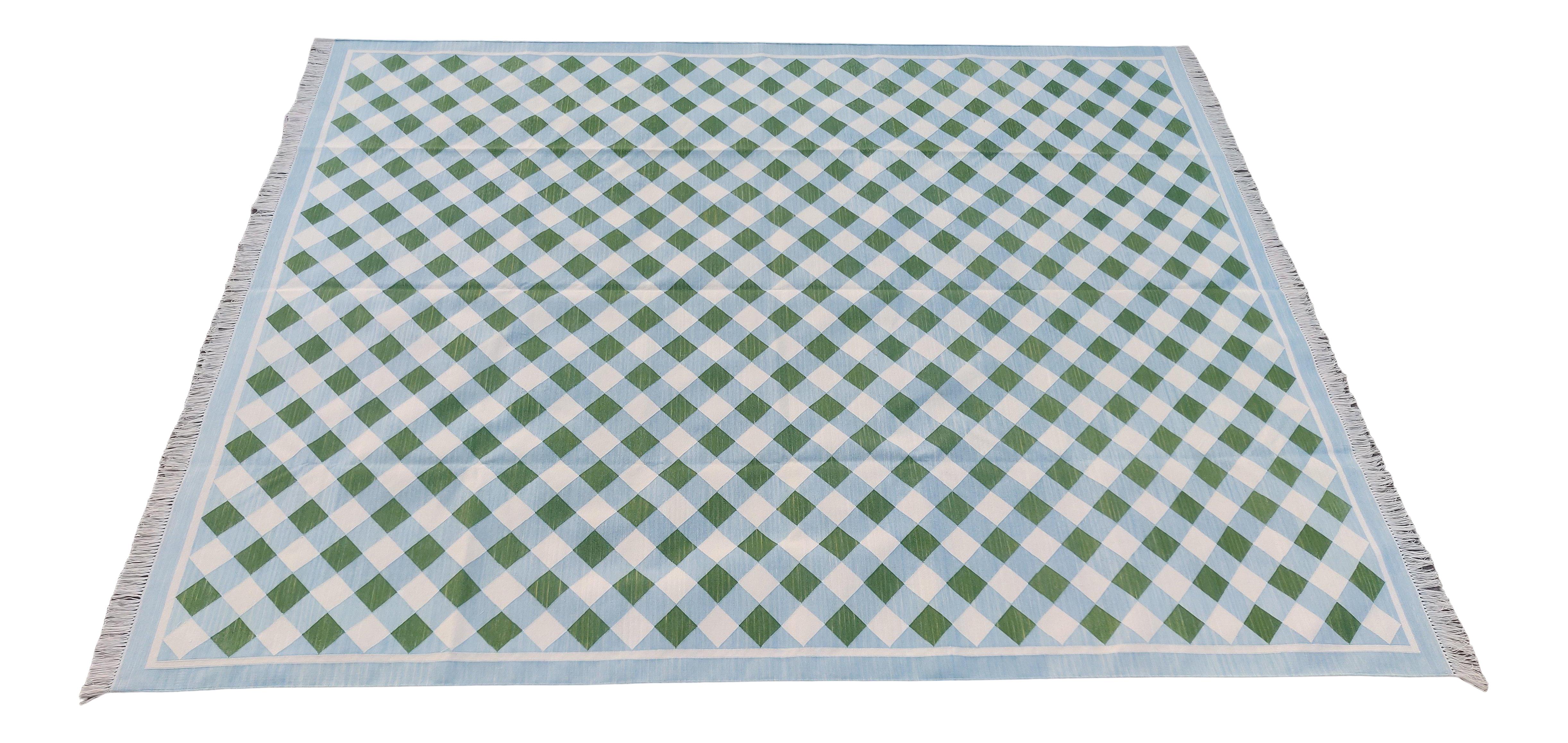 Indien Tapis Dhurrie indien à carreaux verts et bleus, tissé à la main, 12 x 15 cm en vente