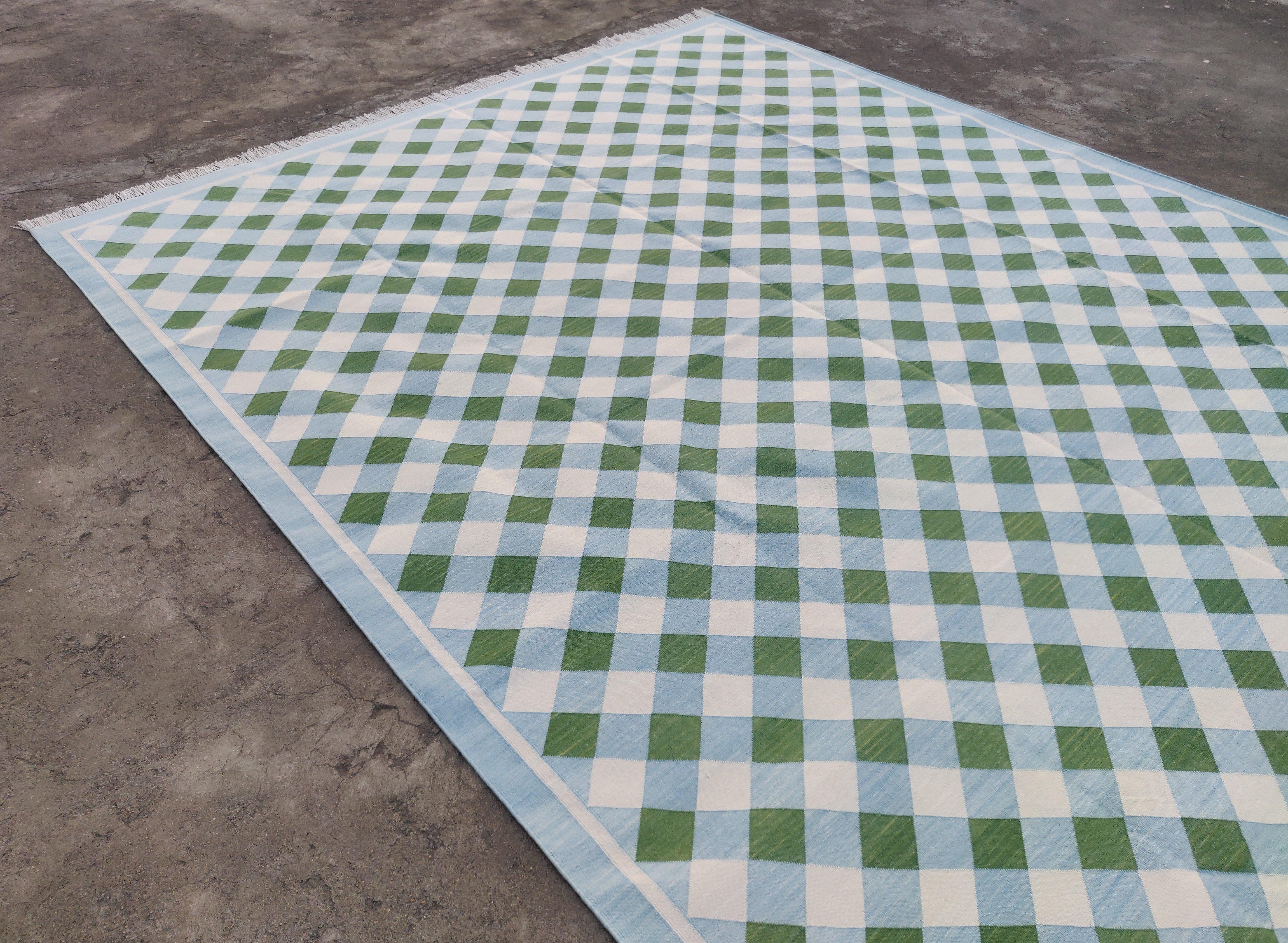 XXIe siècle et contemporain Tapis Dhurrie indien à carreaux verts et bleus, tissé à la main, 12 x 15 cm en vente