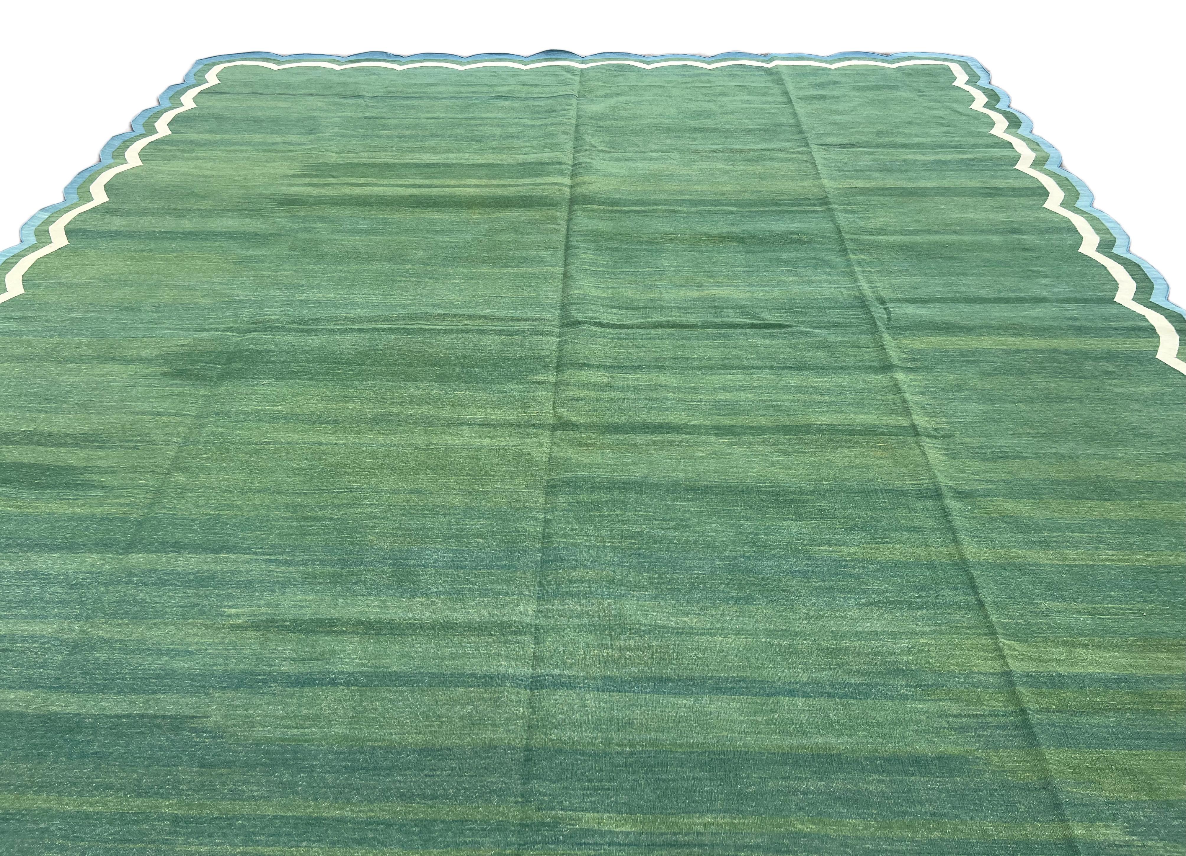 Handmade Cotton Area Flat Weave Rug, 12x15 Green And Blue Scallop Stripe Dhurrie For Sale 3