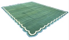 Handmade Cotton Area Flat Weave Rug, 12x15 Green And Blue Scallop Stripe Dhurrie