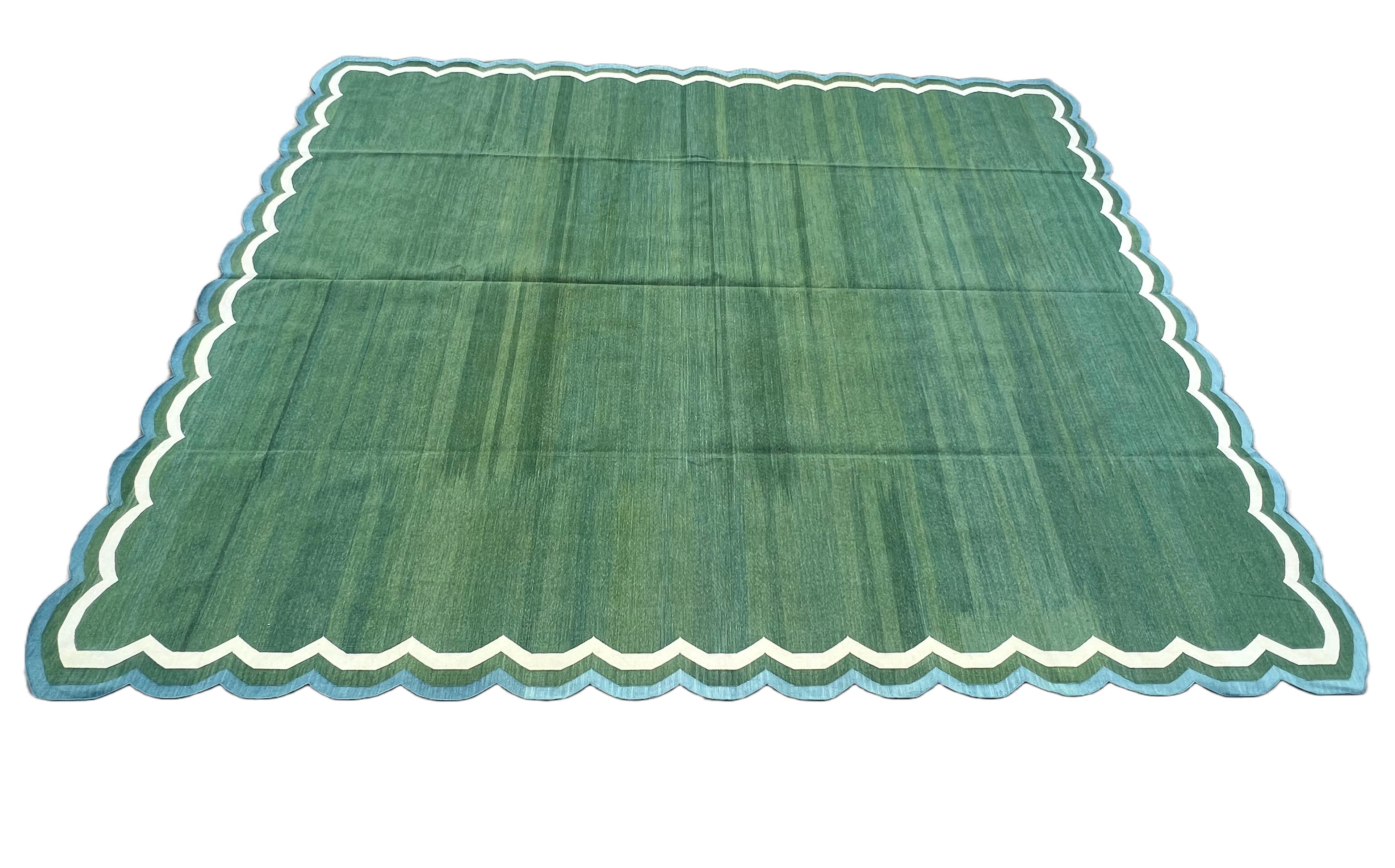 Mid-Century Modern Handmade Cotton Area Flat Weave Rug, 12x15 Green And Blue Scallop Stripe Dhurrie For Sale