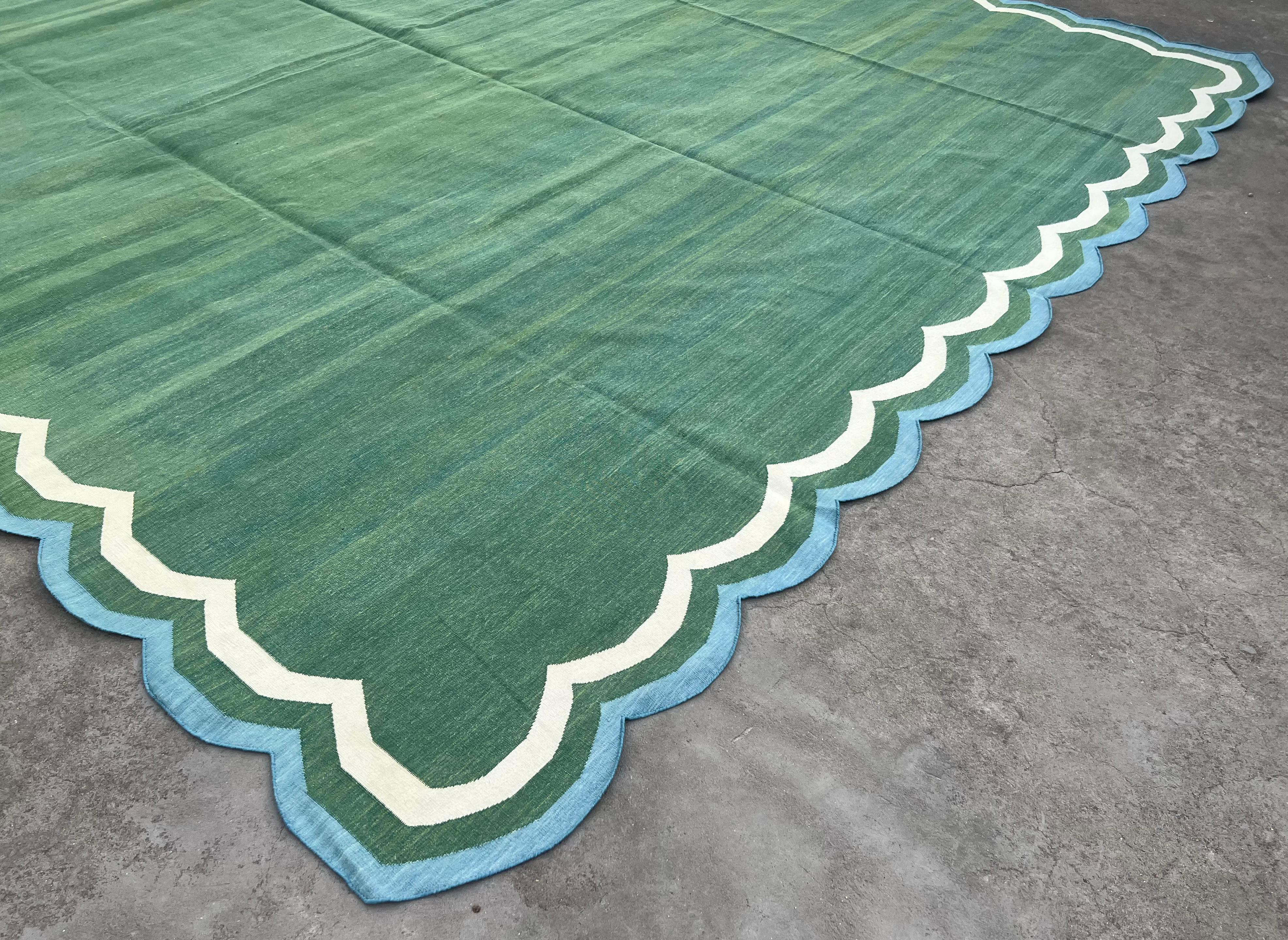 Hand-Woven Handmade Cotton Area Flat Weave Rug, 12x15 Green And Blue Scallop Stripe Dhurrie For Sale