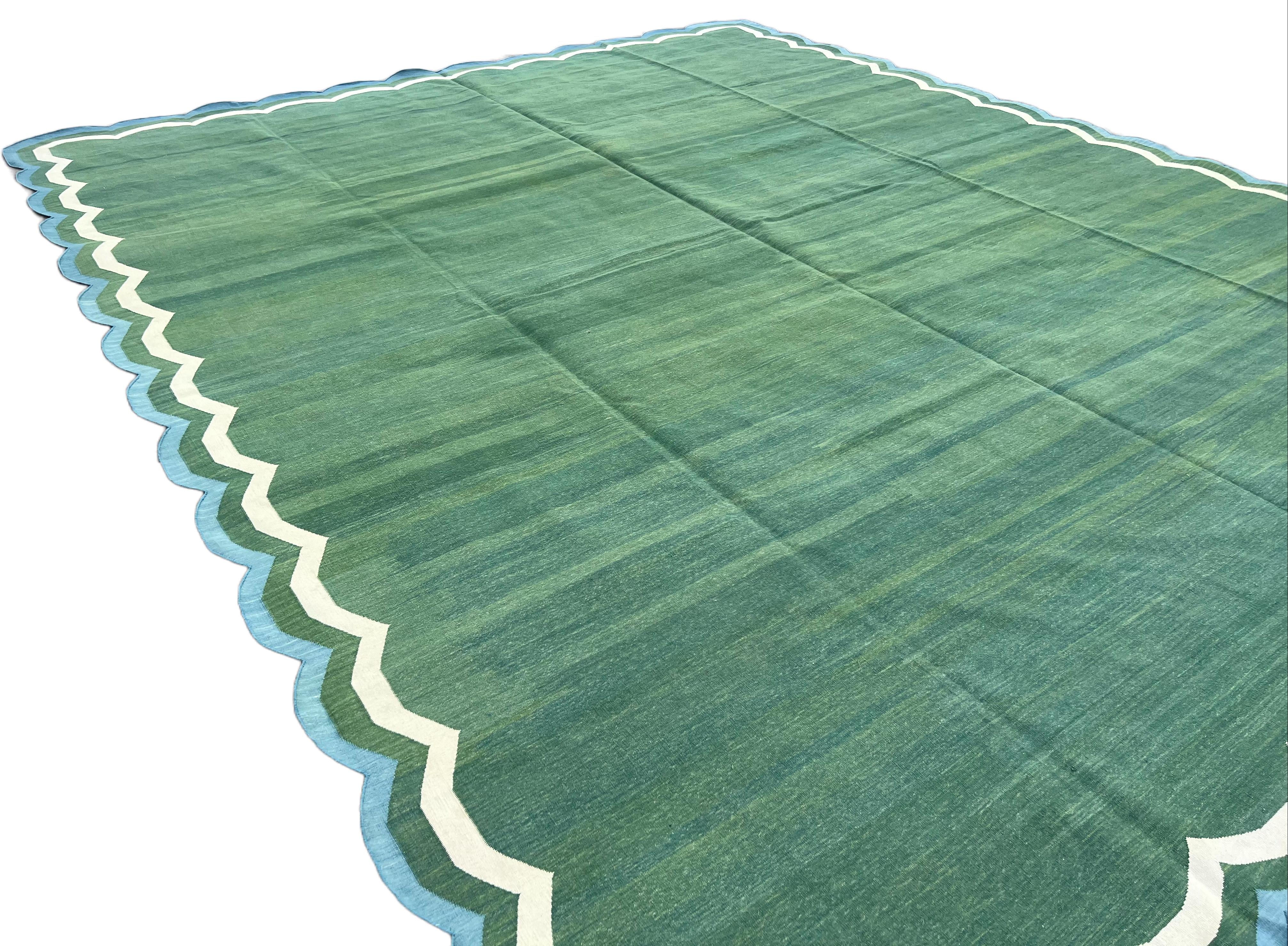 Handmade Cotton Area Flat Weave Rug, 12x15 Green And Blue Scallop Stripe Dhurrie In New Condition For Sale In Jaipur, IN