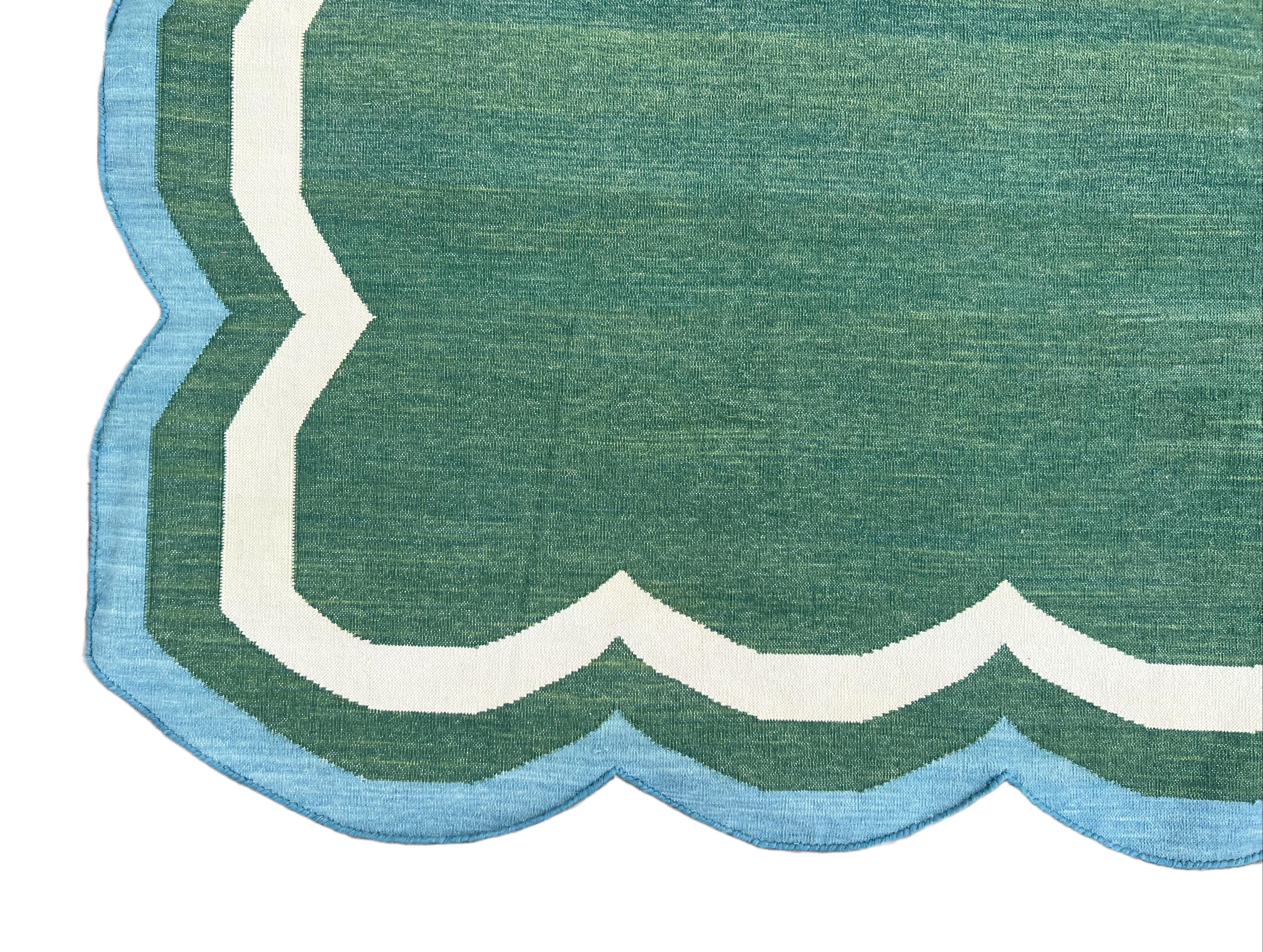 Contemporary Handmade Cotton Area Flat Weave Rug, 12x15 Green And Blue Scallop Stripe Dhurrie For Sale