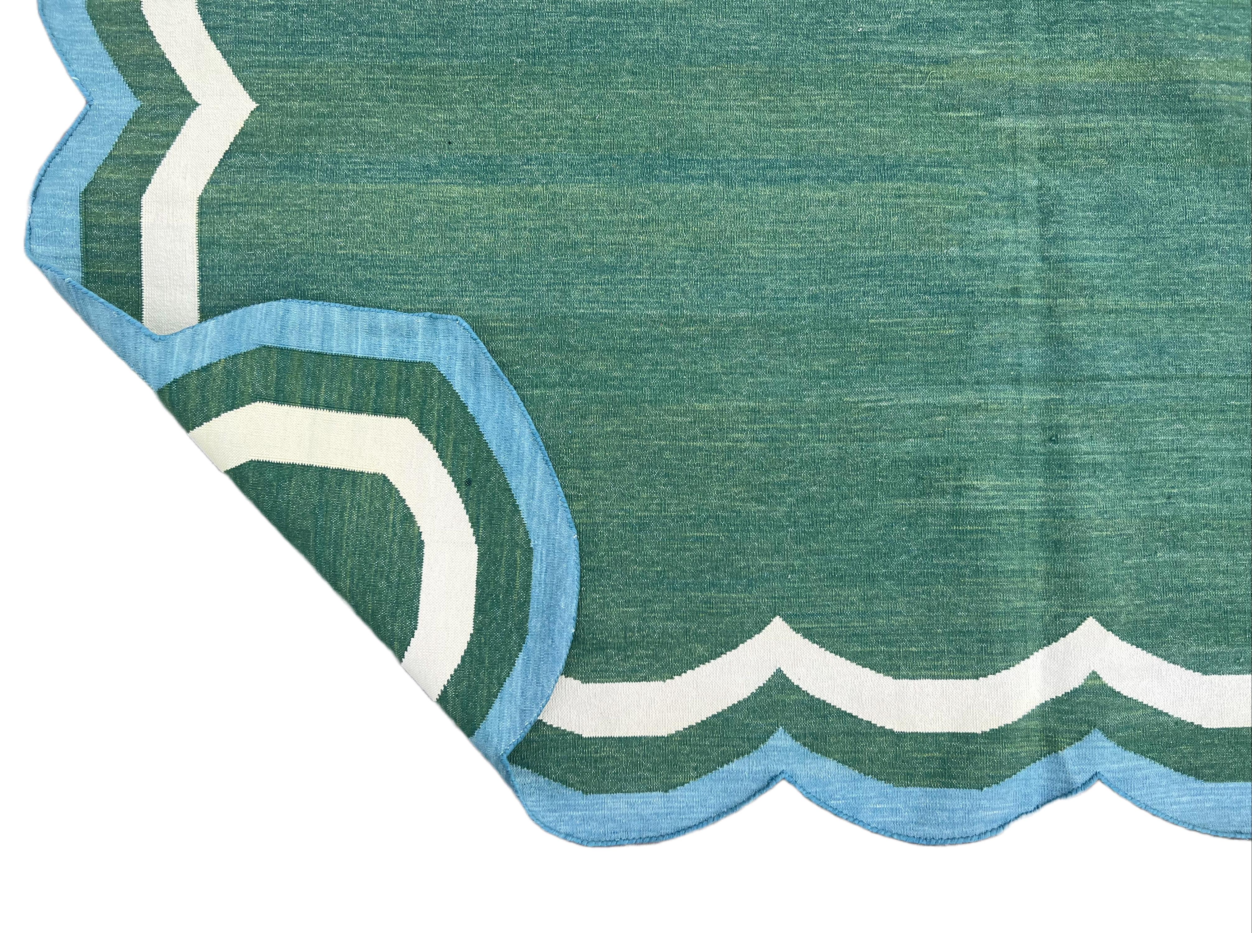 Handmade Cotton Area Flat Weave Rug, 12x15 Green And Blue Scallop Stripe Dhurrie For Sale 1