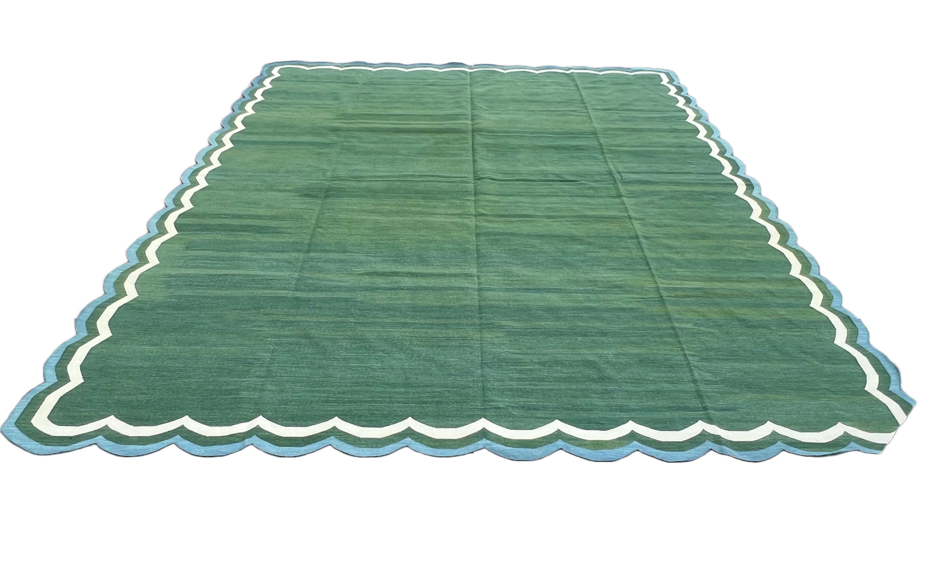 Handmade Cotton Area Flat Weave Rug, 12x15 Green And Blue Scallop Stripe Dhurrie For Sale 2