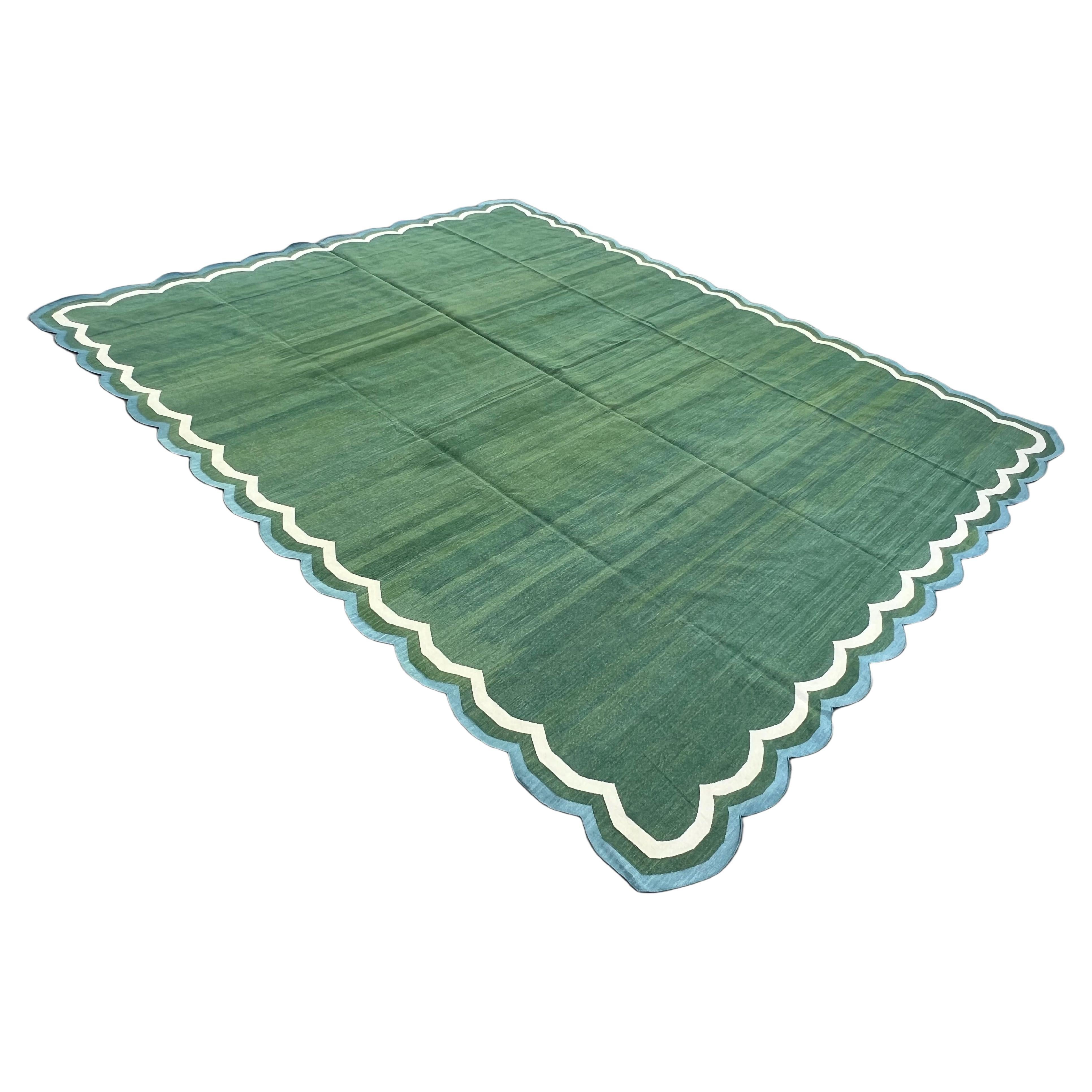 Handmade Cotton Area Flat Weave Rug, 12x15 Green And Blue Scallop Stripe Dhurrie For Sale