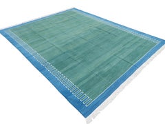 Handmade Cotton Area Flat Weave Rug, 12x15 Green And Blue Zig Zag Stripe Dhurrie