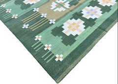 Handmade Cotton Area Flat Weave Rug, 12x15 Green, Cream Geometric Indian Dhurrie