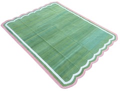 Handmade Cotton Area Flat Weave Rug, 12x15 Green, Pink Scalloped Striped Dhurrie