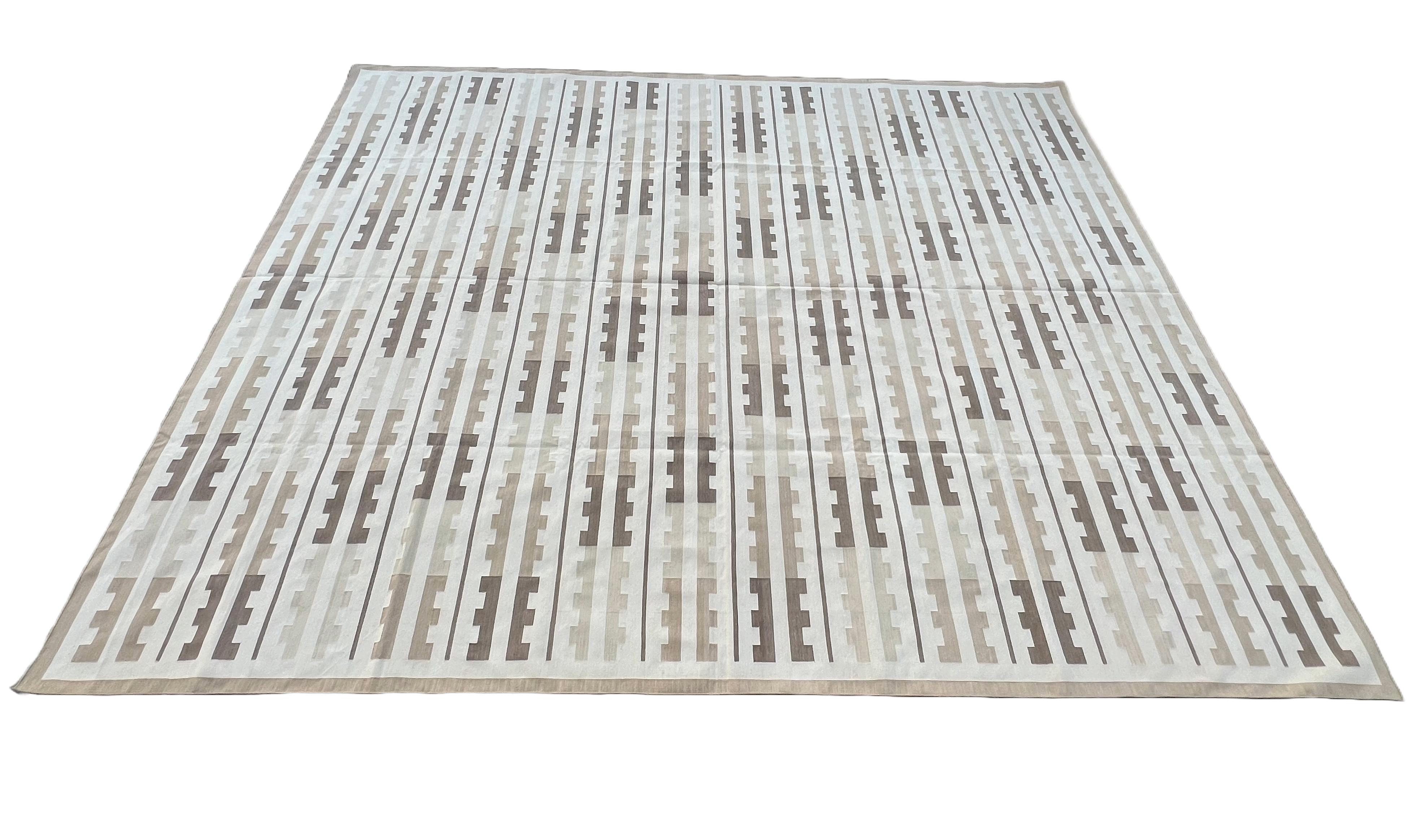 Handmade Cotton Area Flat Weave Rug, 12x15 Grey And White Striped Indian Dhurrie For Sale 4