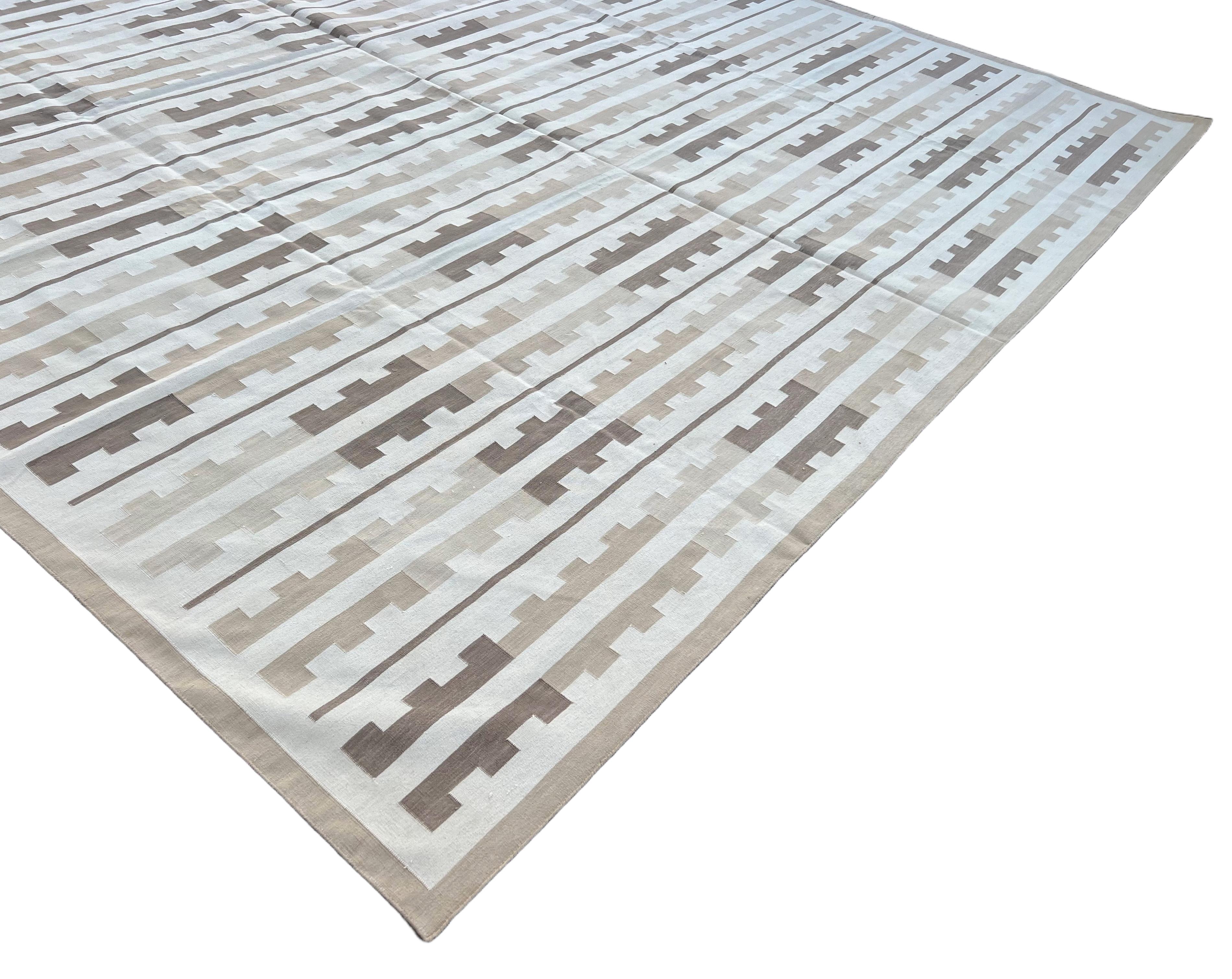Handmade Cotton Area Flat Weave Rug, 12x15 Grey And White Striped Indian Dhurrie For Sale 1