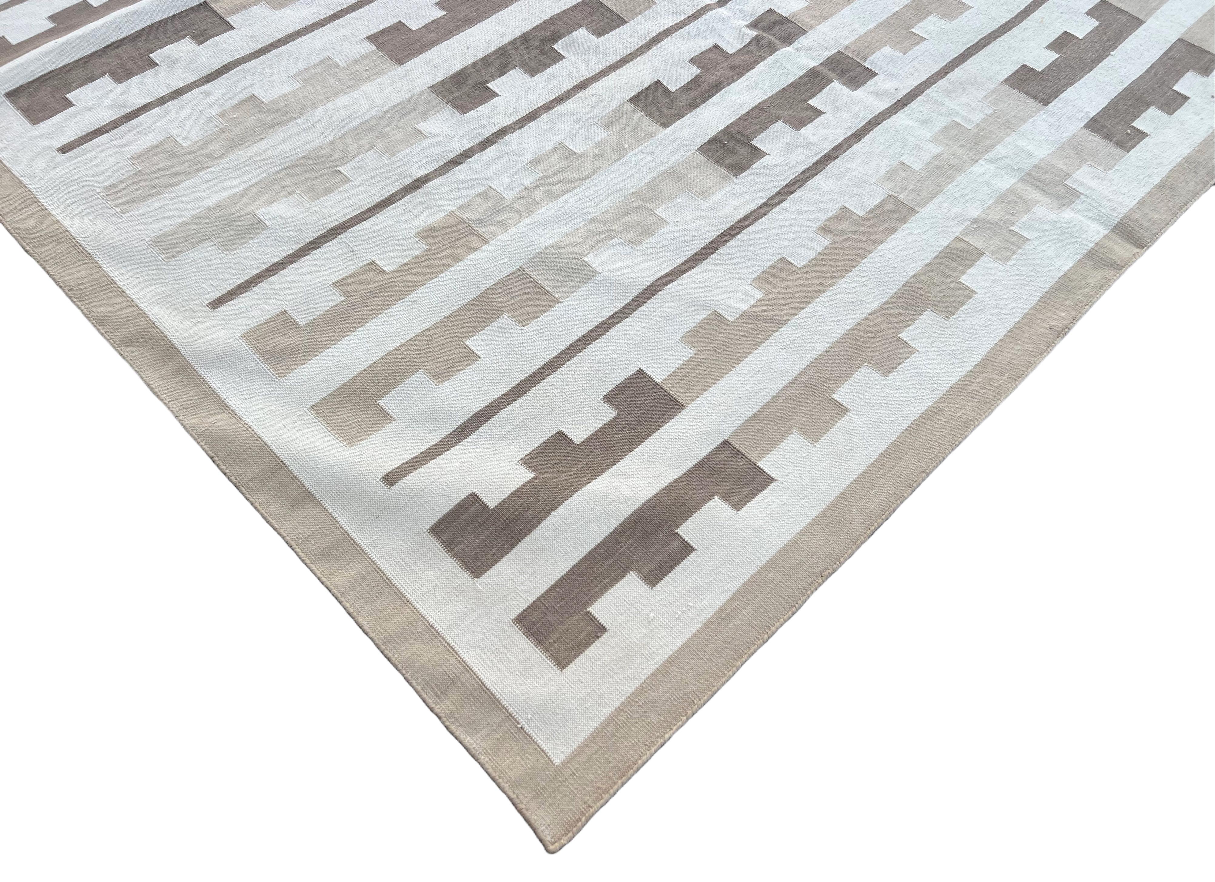 Handmade Cotton Area Flat Weave Rug, 12x15 Grey And White Striped Indian Dhurrie For Sale 2