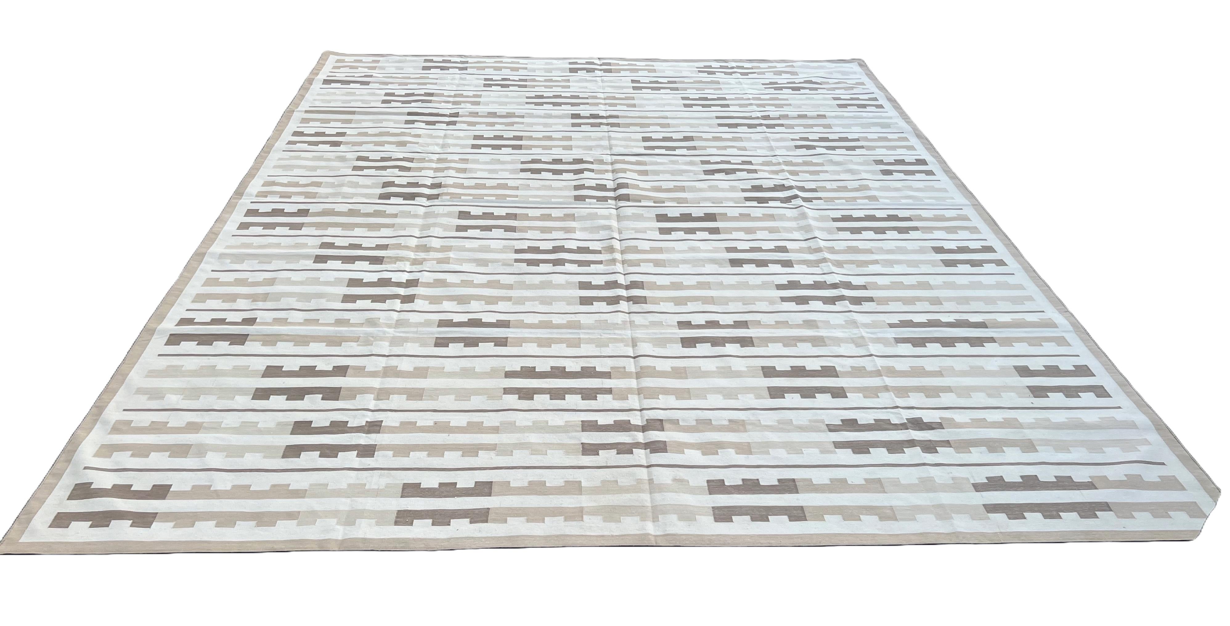 Handmade Cotton Area Flat Weave Rug, 12x15 Grey And White Striped Indian Dhurrie For Sale 3