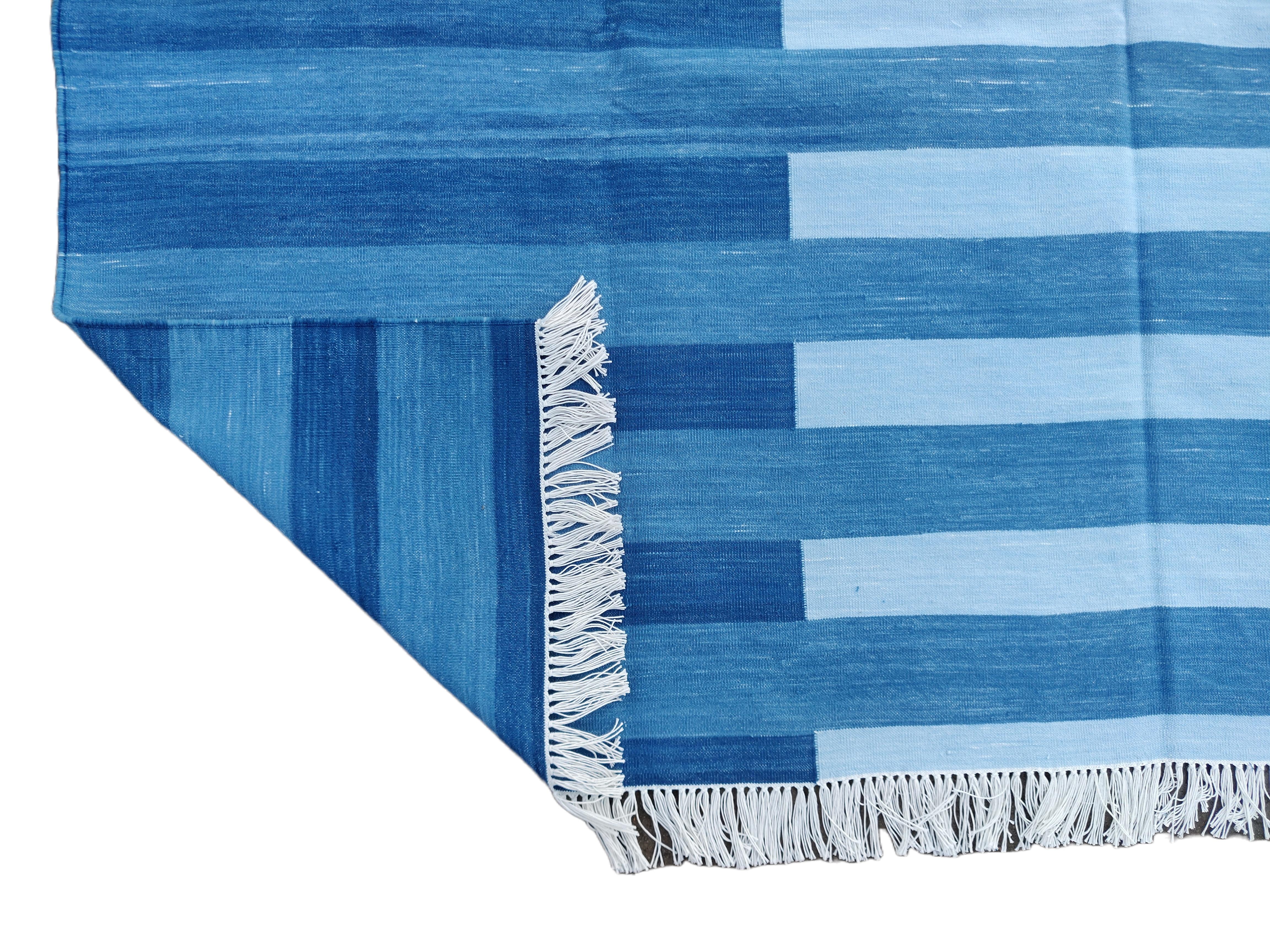 Handmade Cotton Area Flat Weave Rug, 12x15 Indigo Blue Stripe Indian Dhurrie Rug For Sale 4