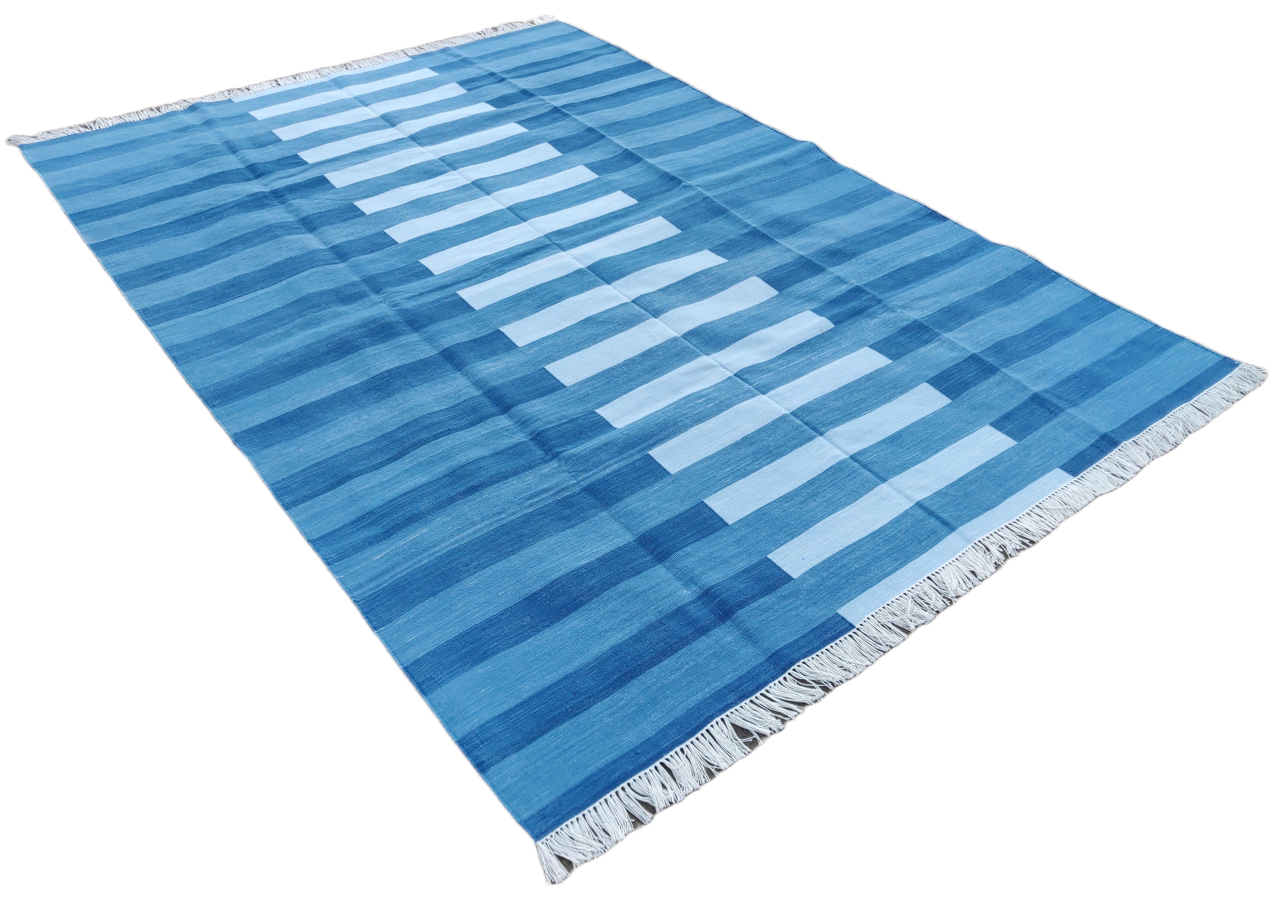 Cotton Vegetable Dyed Indigo And Sky Blue Striped Indian Dhurrie Rug-
12' Wide x 15' Long (360x450cm)
 
These special flat-weave dhurries are hand-woven with 15 ply 100% cotton yarn. Due to the special manufacturing techniques used to create our