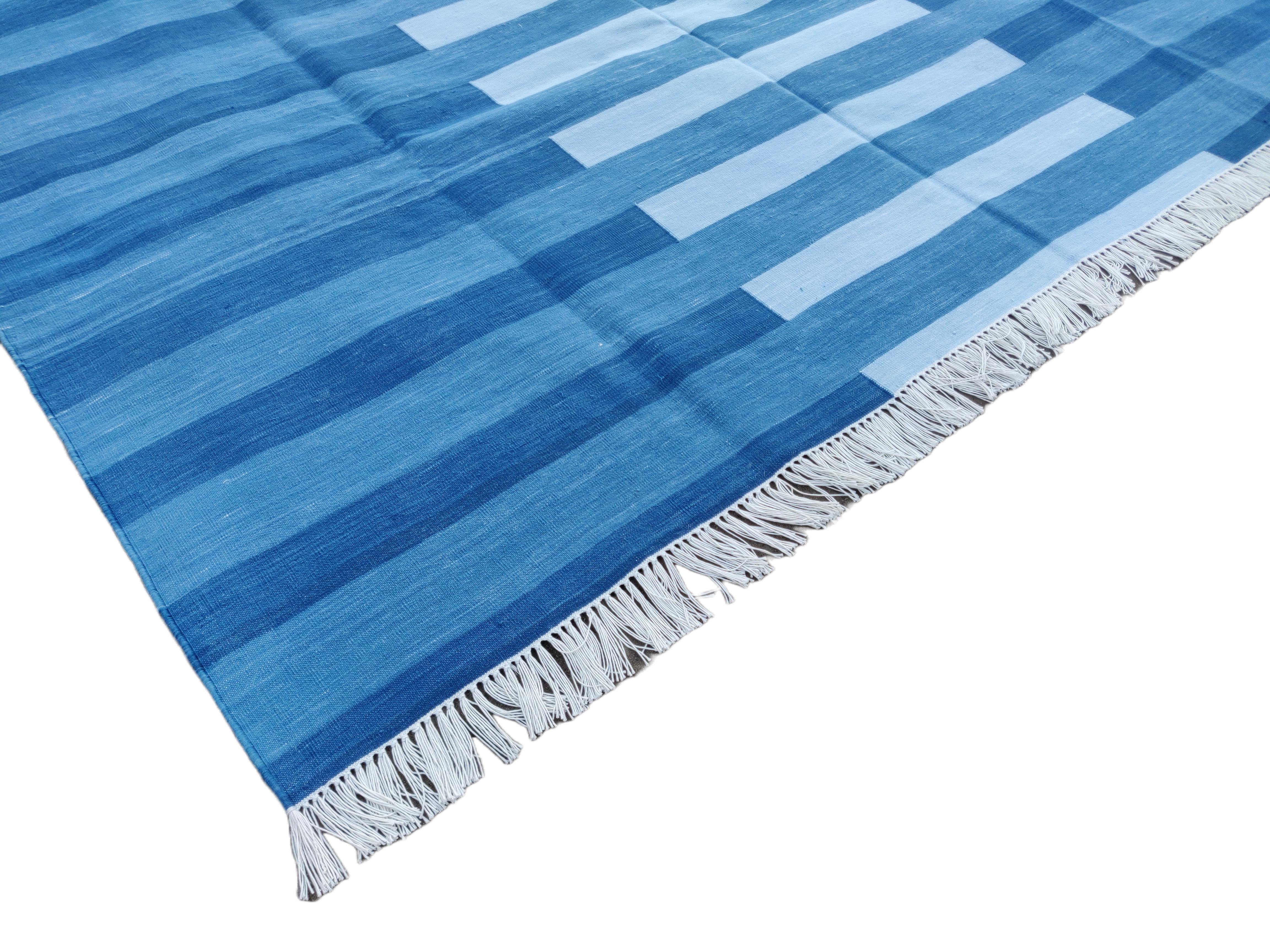 Mid-Century Modern Handmade Cotton Area Flat Weave Rug, 12x15 Indigo Blue Stripe Indian Dhurrie Rug For Sale
