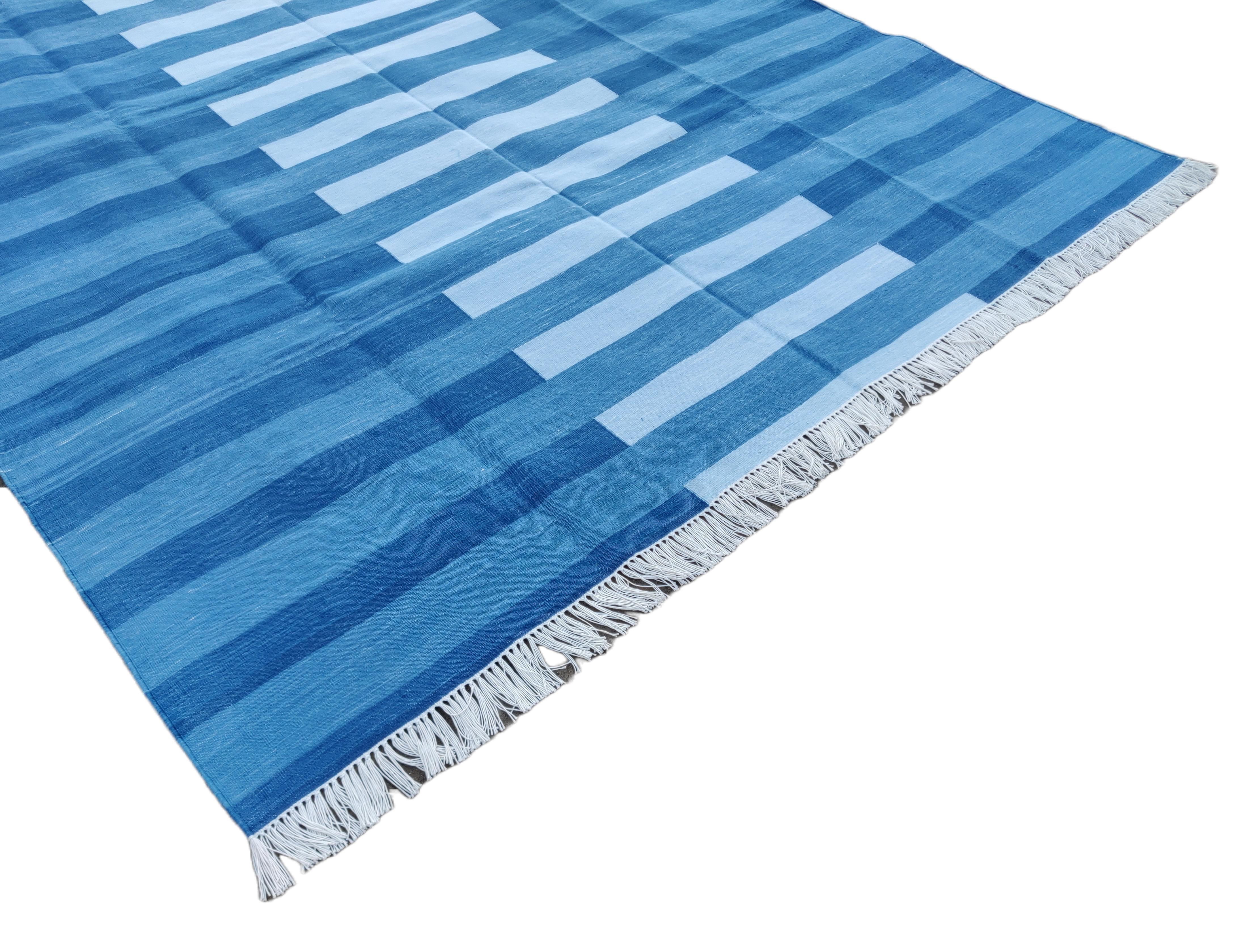 Hand-Woven Handmade Cotton Area Flat Weave Rug, 12x15 Indigo Blue Stripe Indian Dhurrie Rug For Sale
