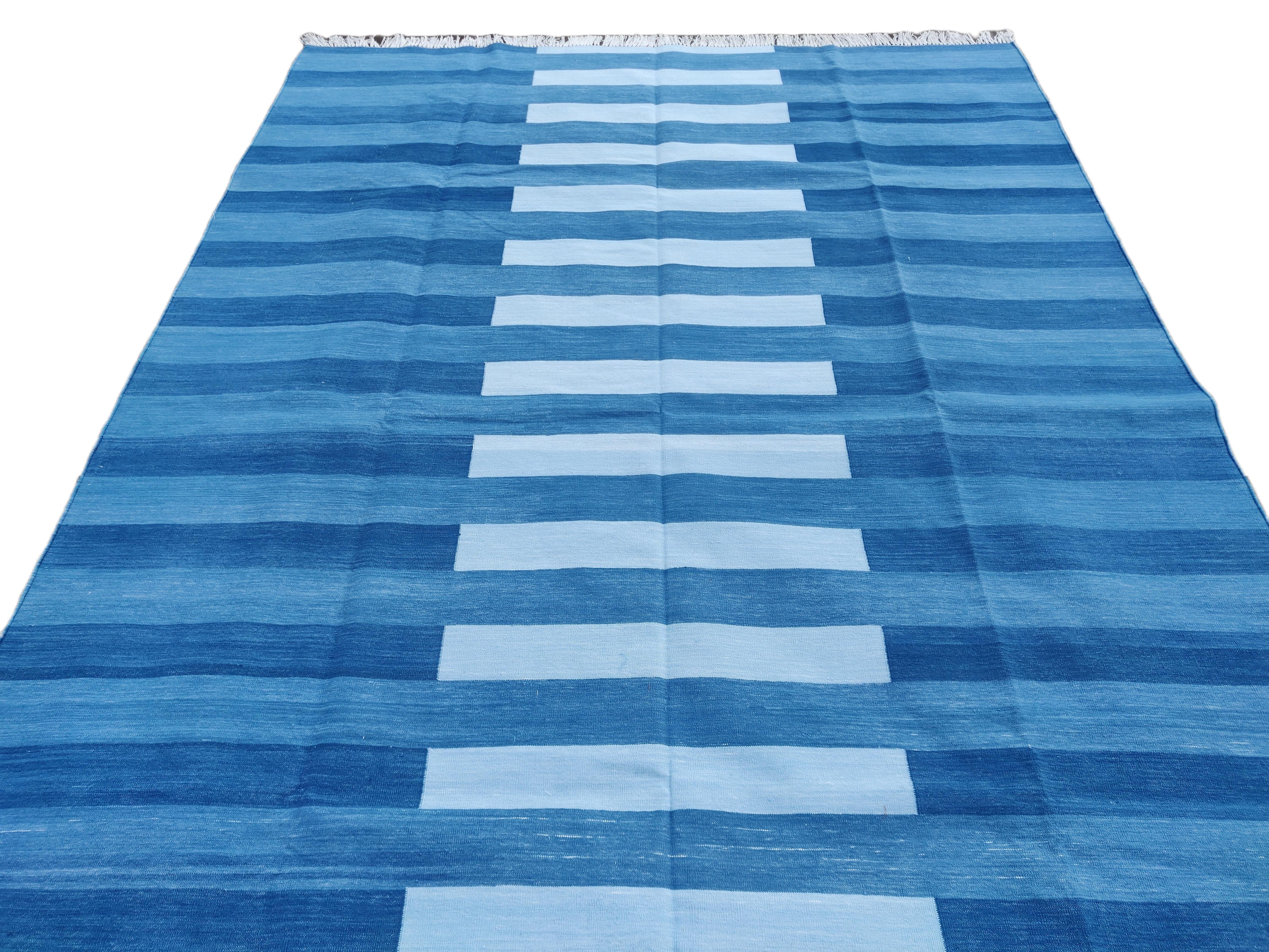 Contemporary Handmade Cotton Area Flat Weave Rug, 12x15 Indigo Blue Stripe Indian Dhurrie Rug For Sale