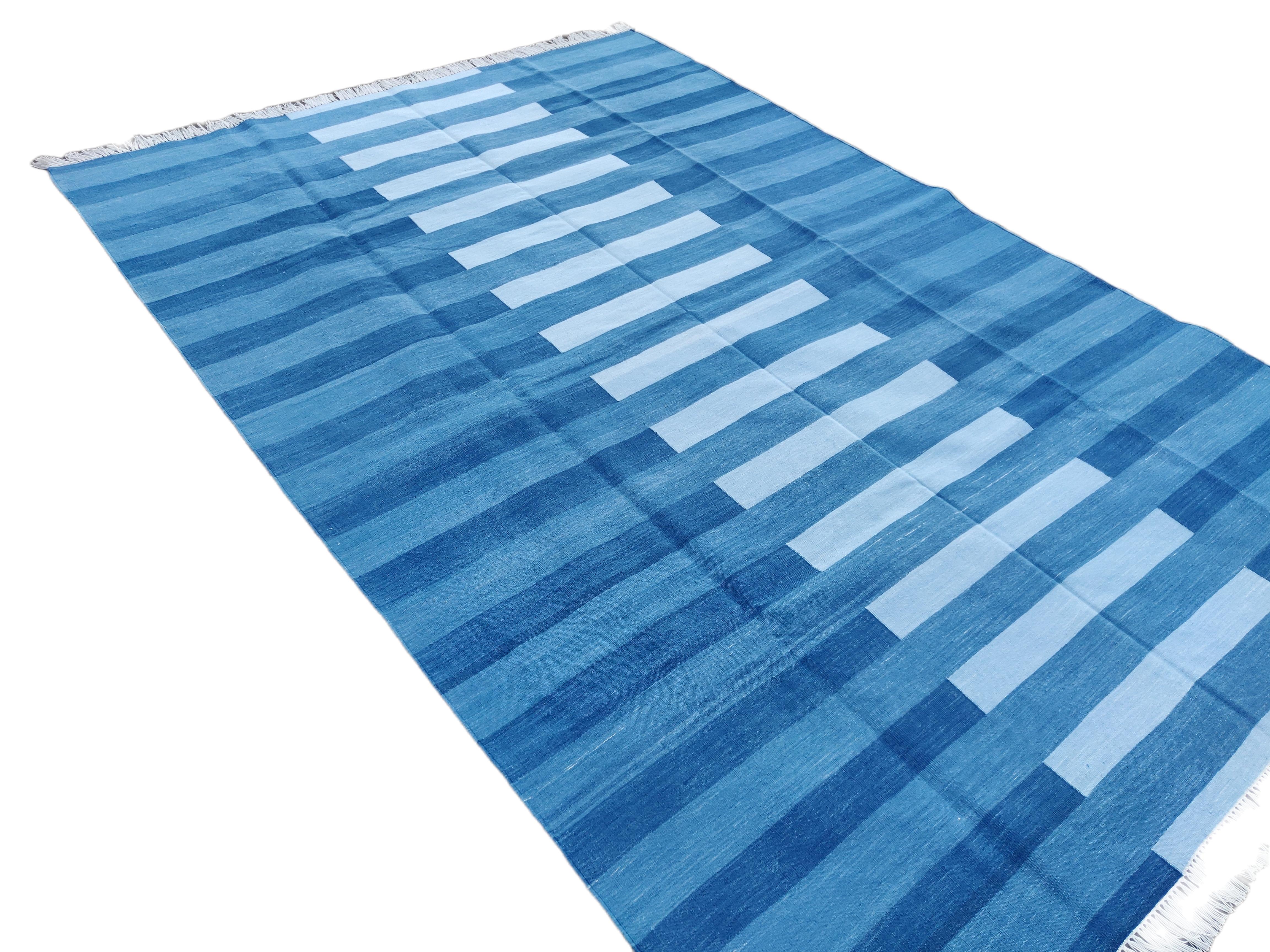 Handmade Cotton Area Flat Weave Rug, 12x15 Indigo Blue Stripe Indian Dhurrie Rug For Sale 1