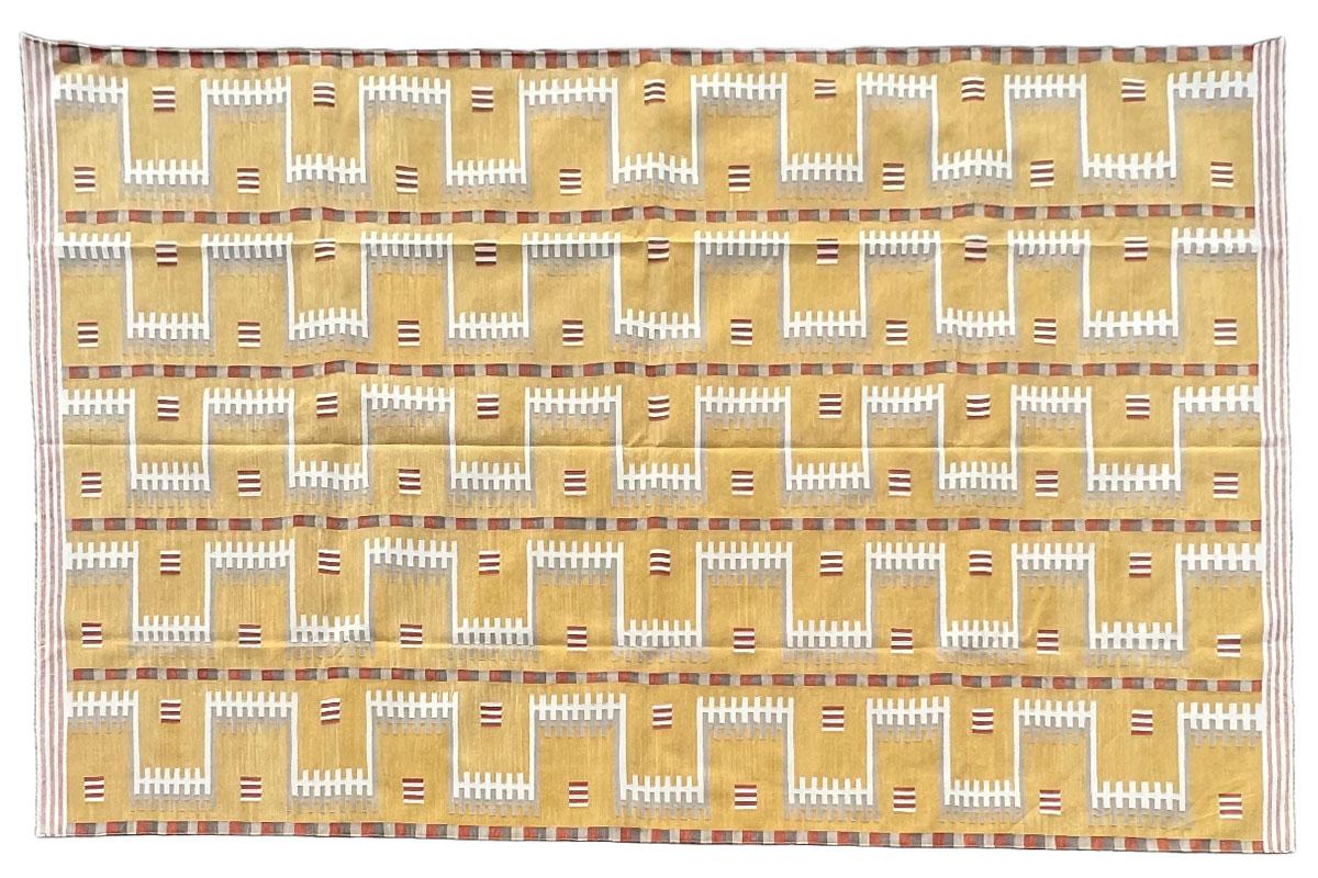 Handmade Cotton Area Flat Weave Rug, 12x15 Mustard Geometric Indian Dhurrie Rug For Sale 7