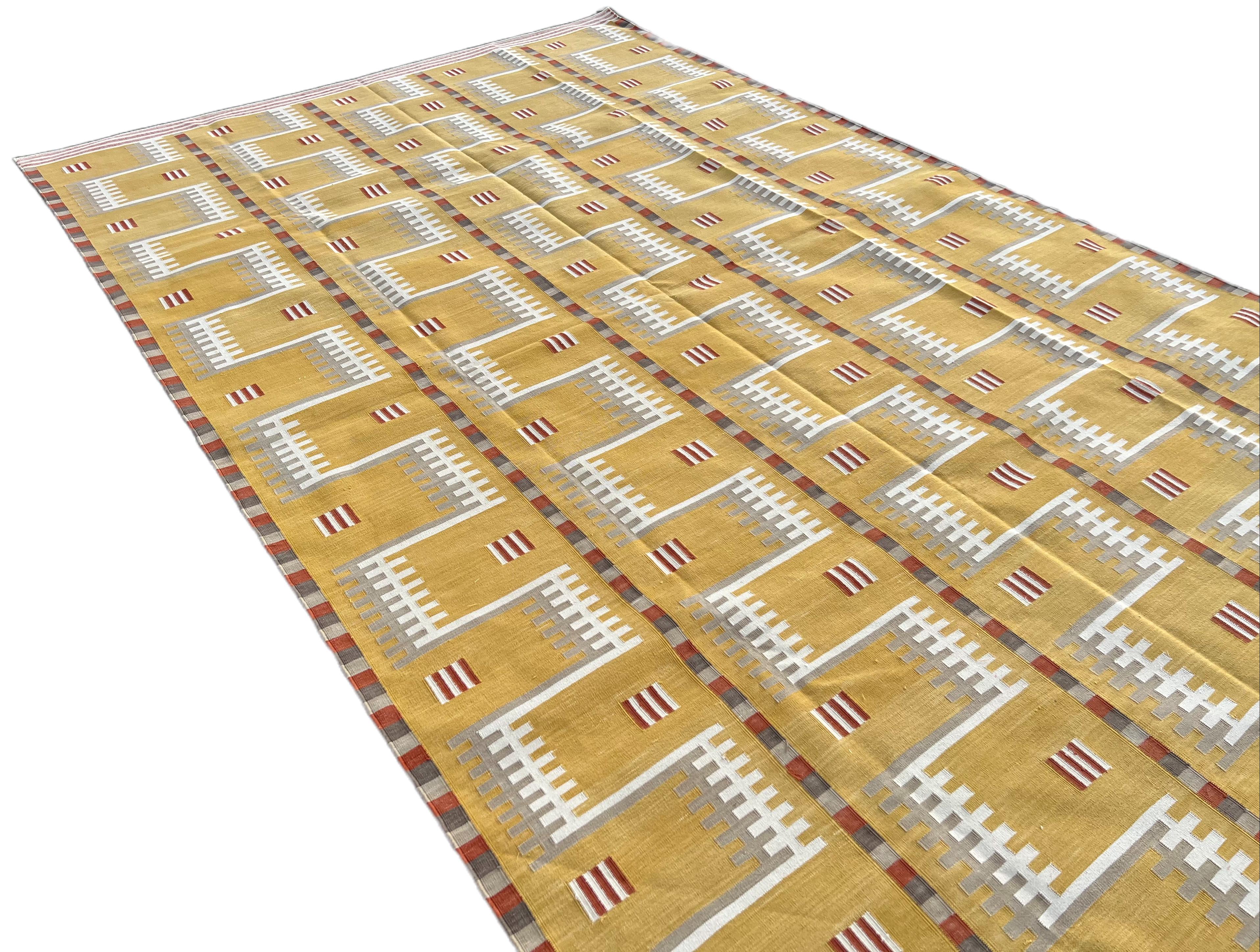 Handmade Cotton Area Flat Weave Rug, 12x15 Mustard Geometric Indian Dhurrie Rug For Sale 1