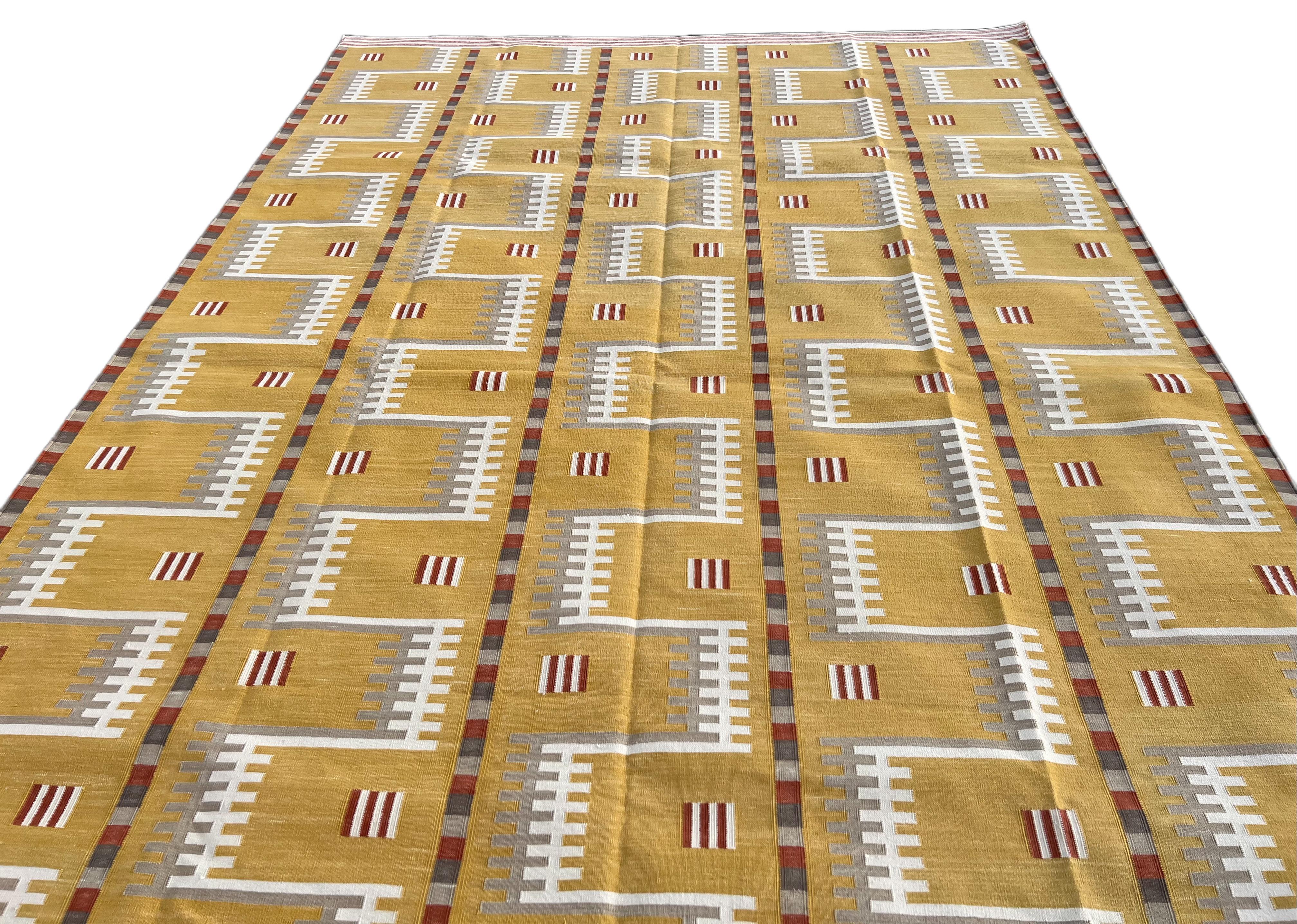 Handmade Cotton Area Flat Weave Rug, 12x15 Mustard Geometric Indian Dhurrie Rug For Sale 3