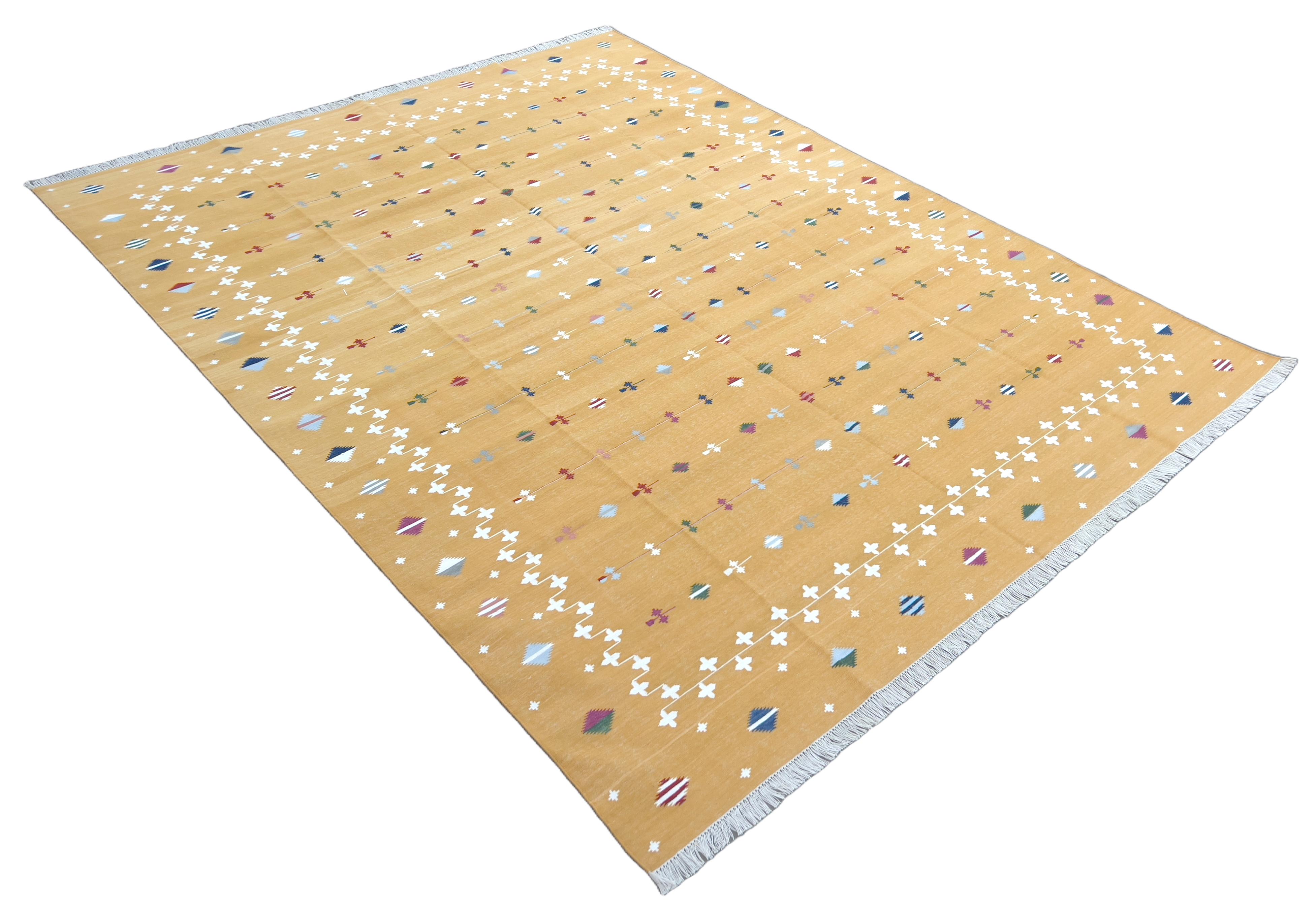 Kilim Handmade Cotton Area Flat Weave Rug, 12x15 Mustard Indian Shooting Star Dhurrie For Sale