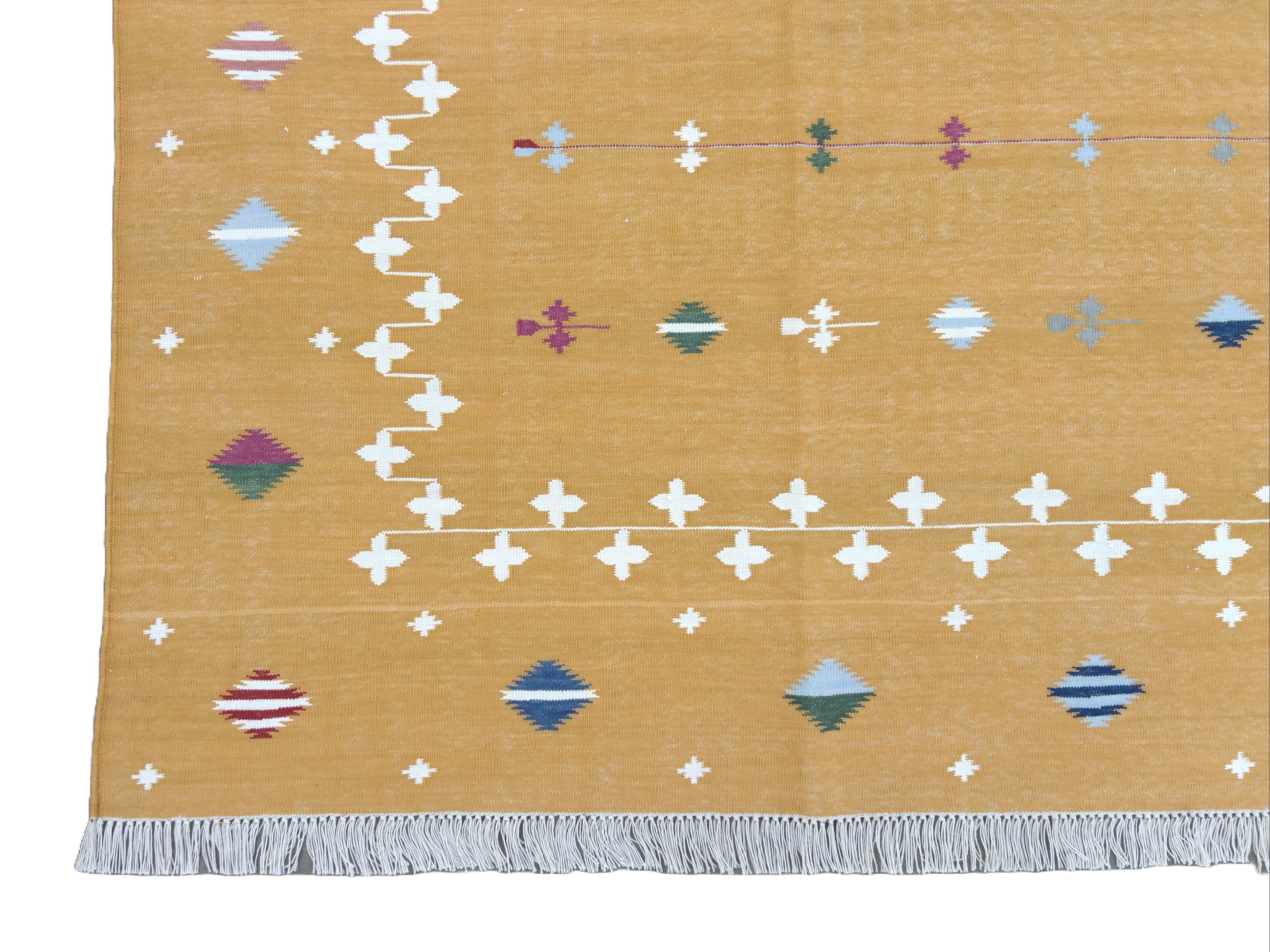 Handmade Cotton Area Flat Weave Rug, 12x15 Mustard Indian Shooting Star Dhurrie For Sale 3