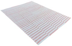 Handmade Cotton Area Flat Weave Rug, 12x15 Pink And White Striped Indian Dhurrie
