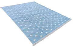 Handmade Cotton Area Flat Weave Rug, 12x15 Sky Blue, White Leaf Indian Dhurrie