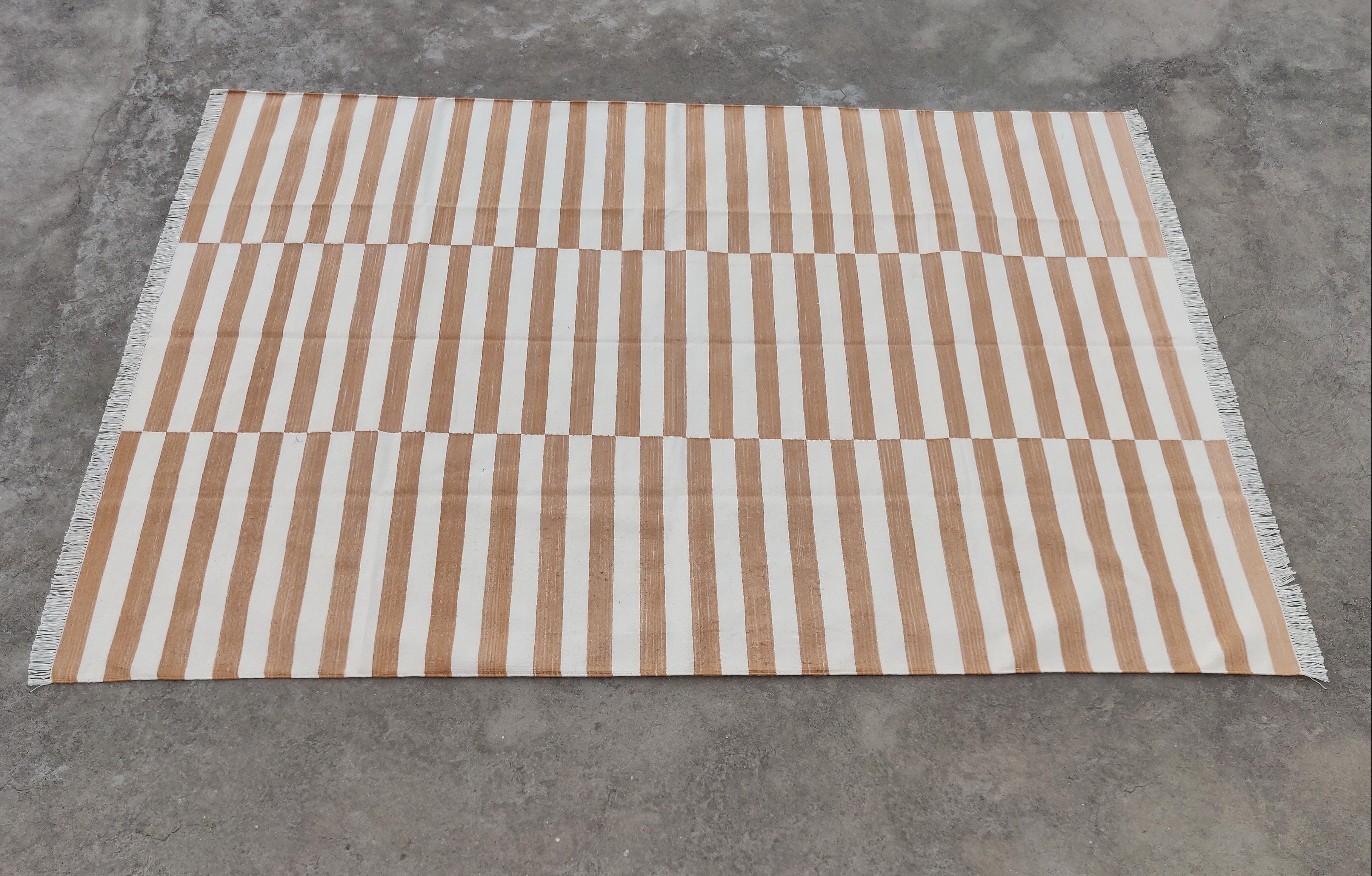 Handmade Cotton Area Flat Weave Rug, 12x15 Tan And White Striped Indian Dhurrie For Sale 4