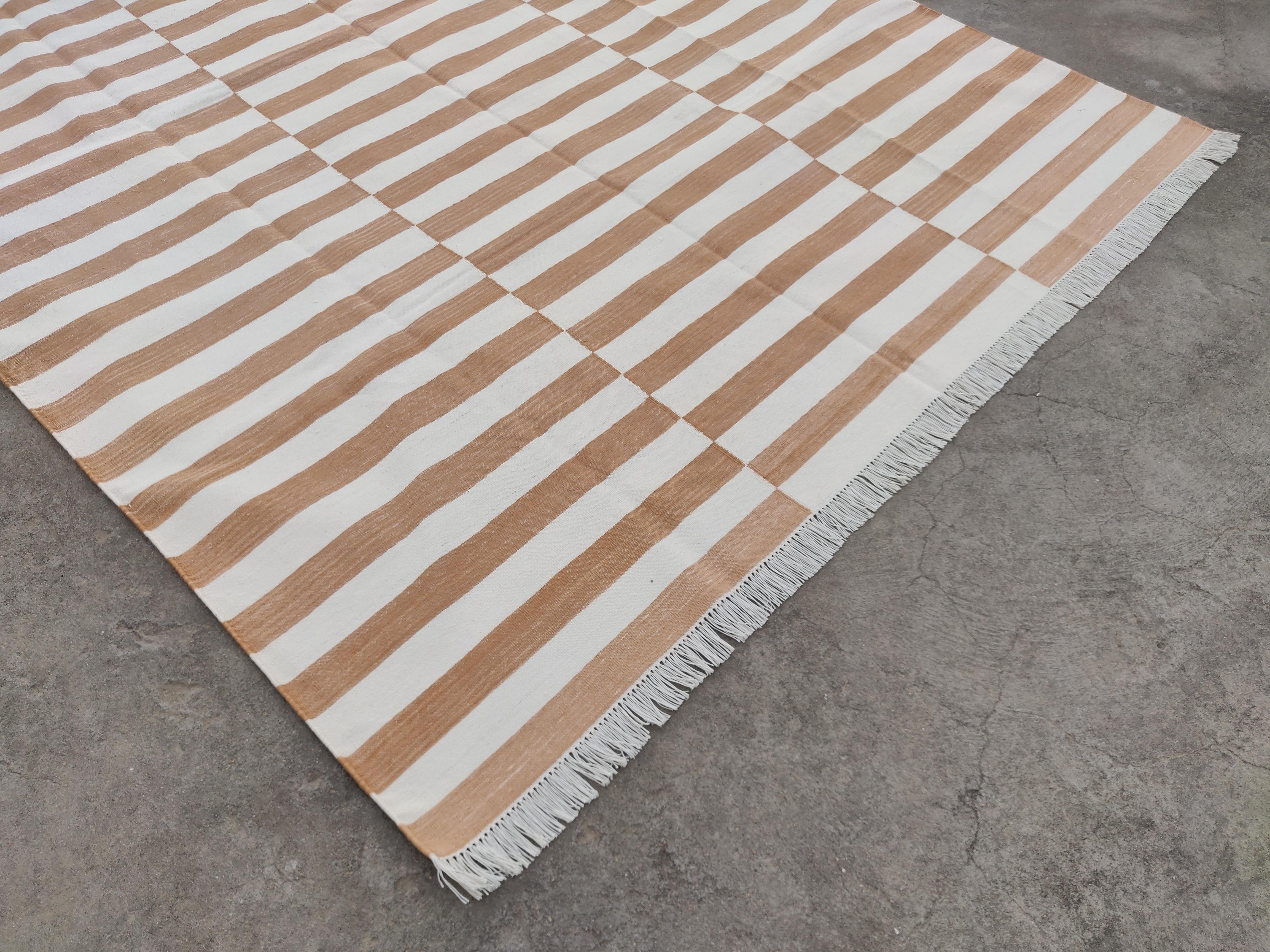 Hand-Woven Handmade Cotton Area Flat Weave Rug, 12x15 Tan And White Striped Indian Dhurrie For Sale