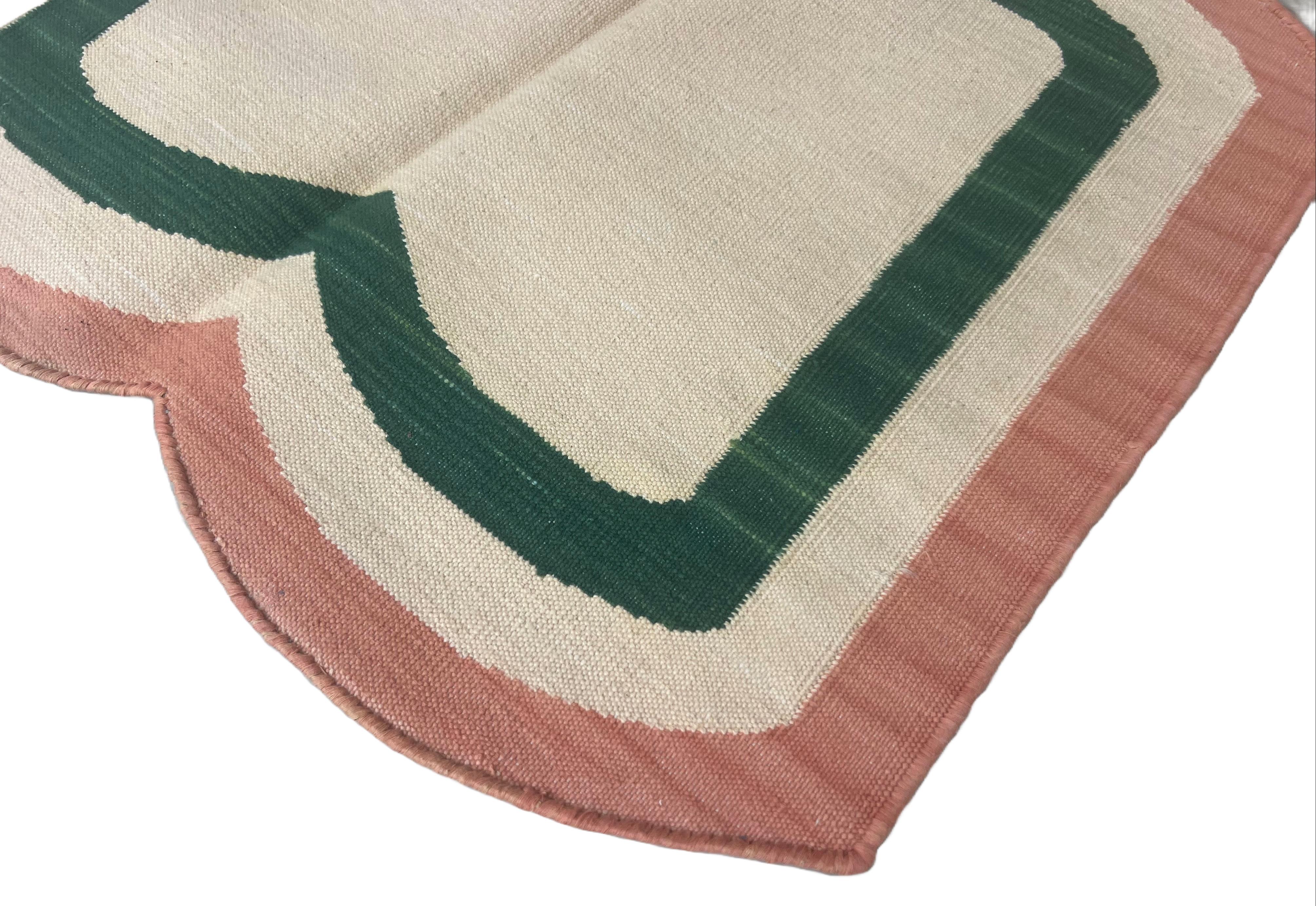 Cotton Vegetable Dyed  Cream, Green And Coral Scalloped Striped Indian Dhurrie Rug - 20