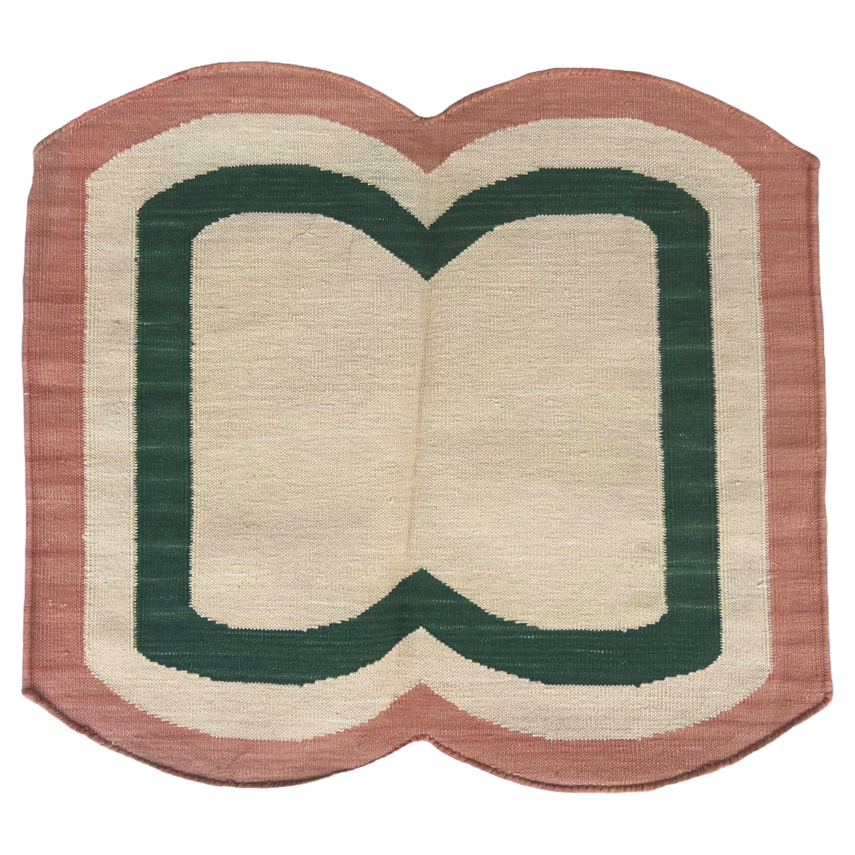 Tappeto a tessitura piatta in cotone fatto a mano, 20 "x22" Crema, Rosso smerlato Indiano Dhurrie