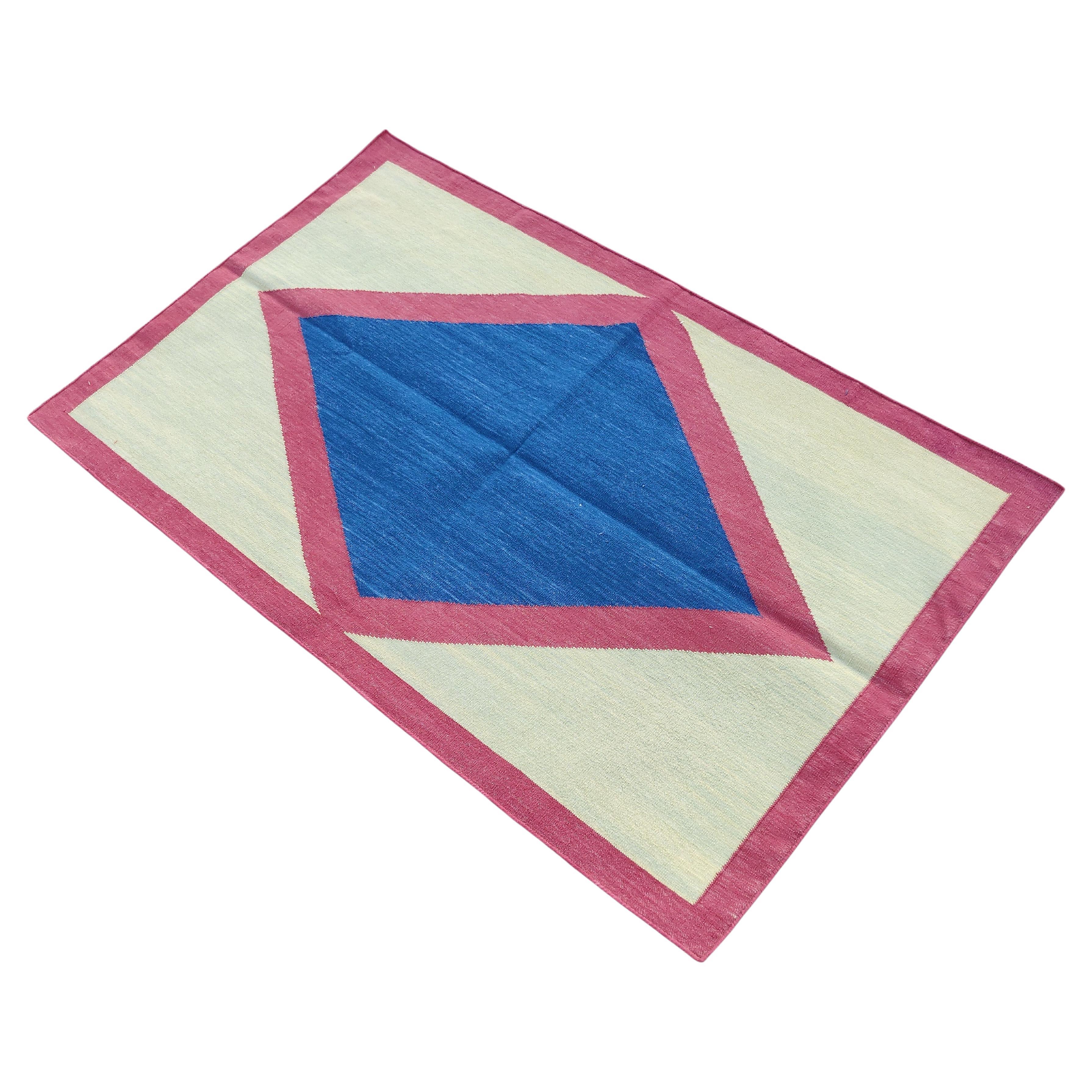 Handmade Cotton Area Flat Weave Rug, 2.5x4 Blue, Pink Geometric Indian Dhurrie