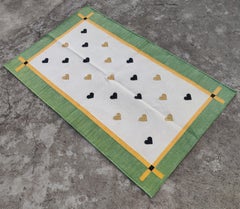 Handmade Cotton Area Flat Weave Rug, 2.5x4 Cream And Green Heart Indian Dhurrie