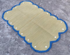 Handmade Cotton Area Flat Weave Rug, 2.5'x4' Green, Blue Scallop Indian Dhurrie