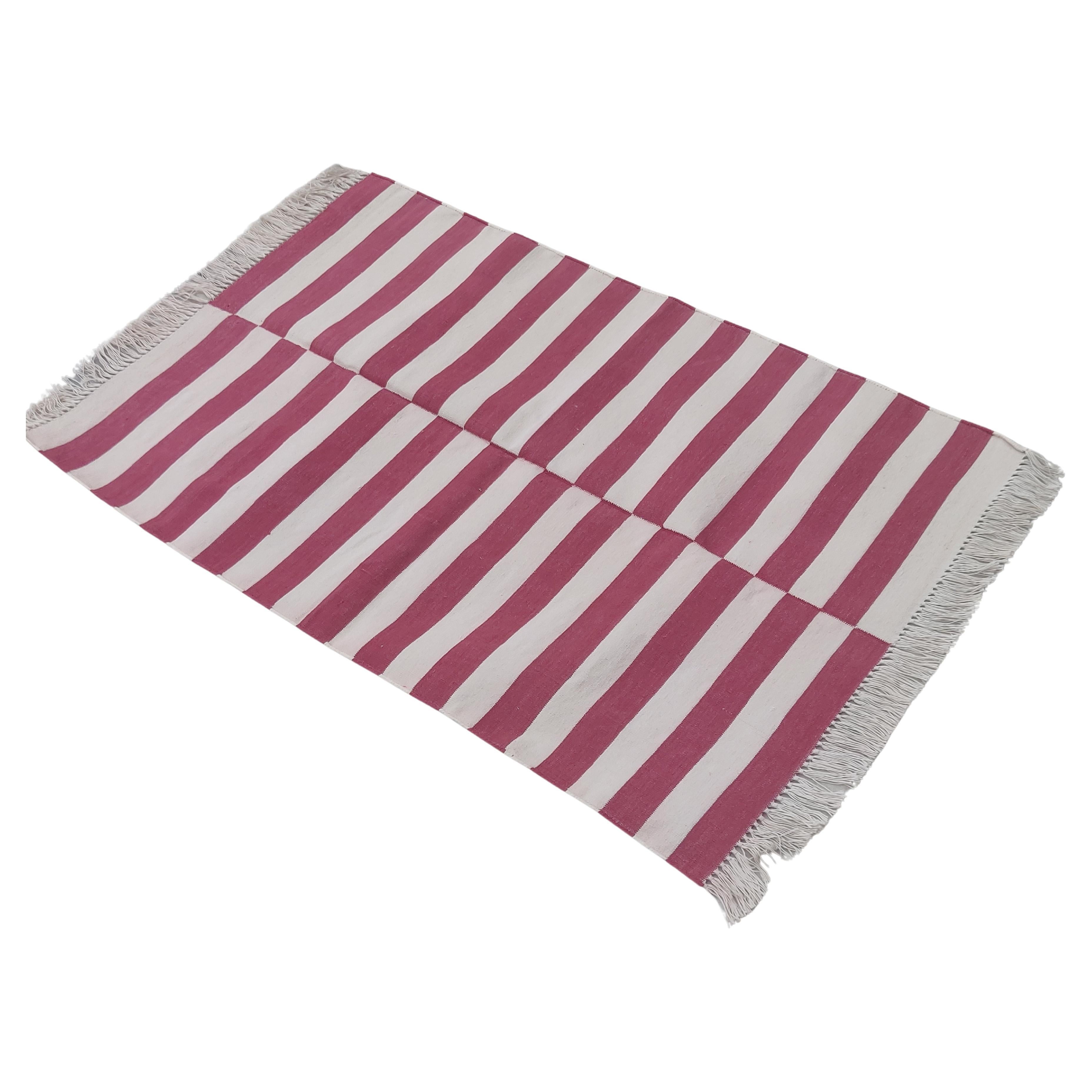 Handmade Cotton Area Flat Weave Rug, 2.5x4 Pink And White Striped Indian Dhurrie For Sale