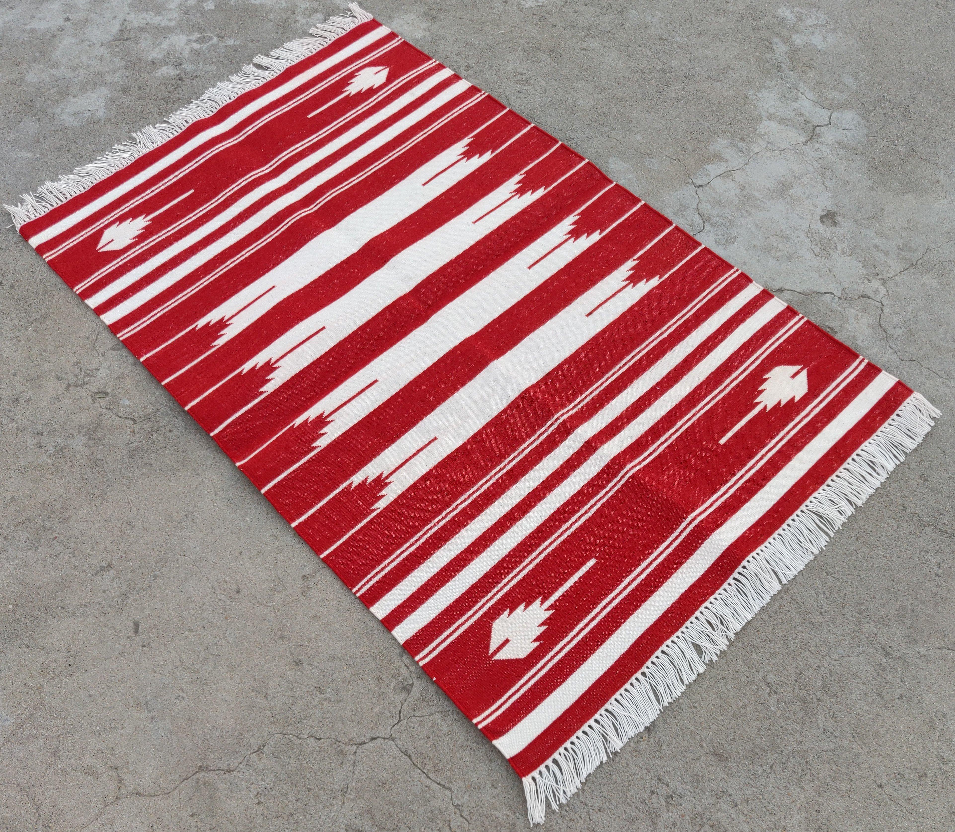 Cotton Vegetable Dyed Red And White Striped Indian Dhurrie Rug-30