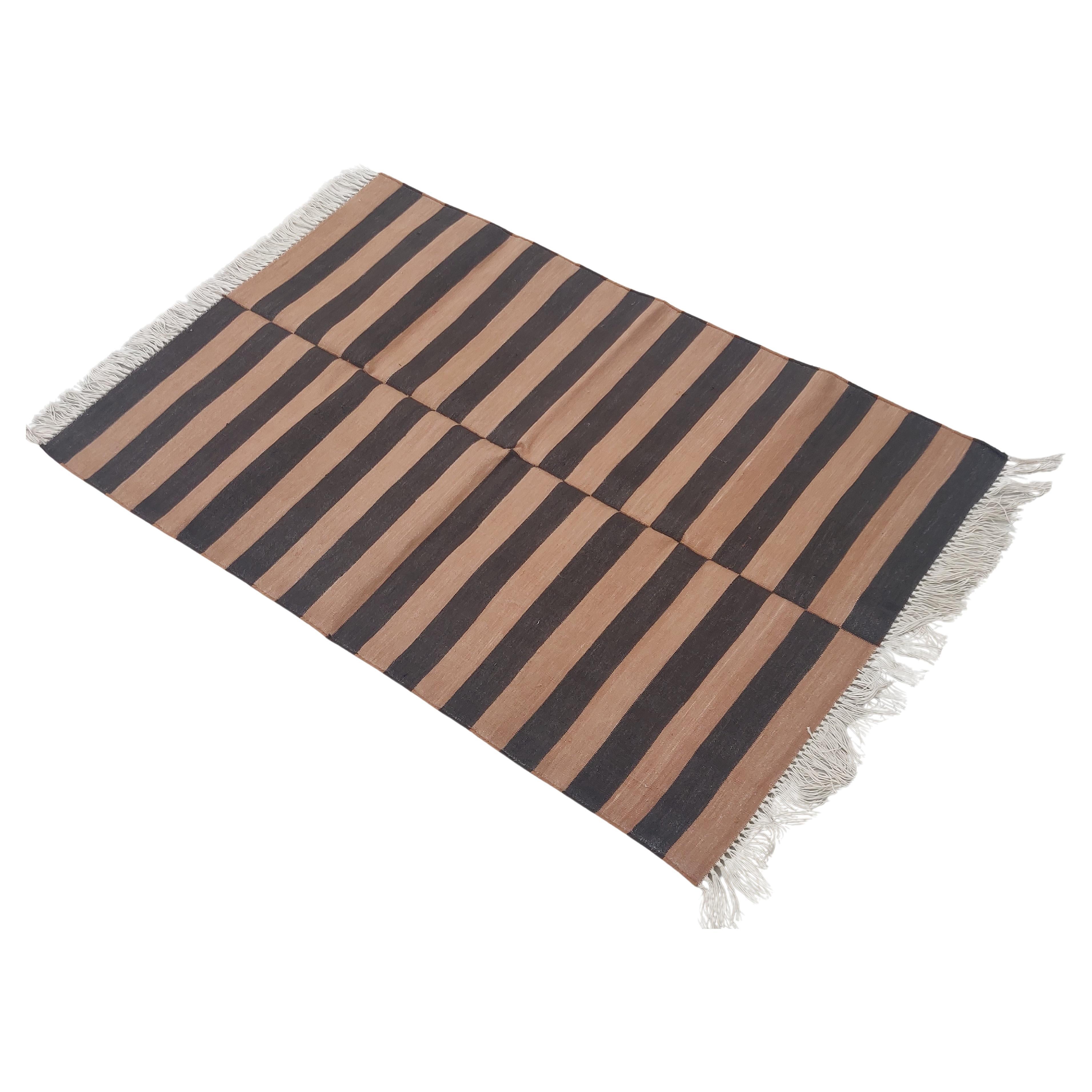 Handmade Cotton Area Flat Weave Rug, 2.5x4 Tan And Brown Striped Indian Dhurrie For Sale