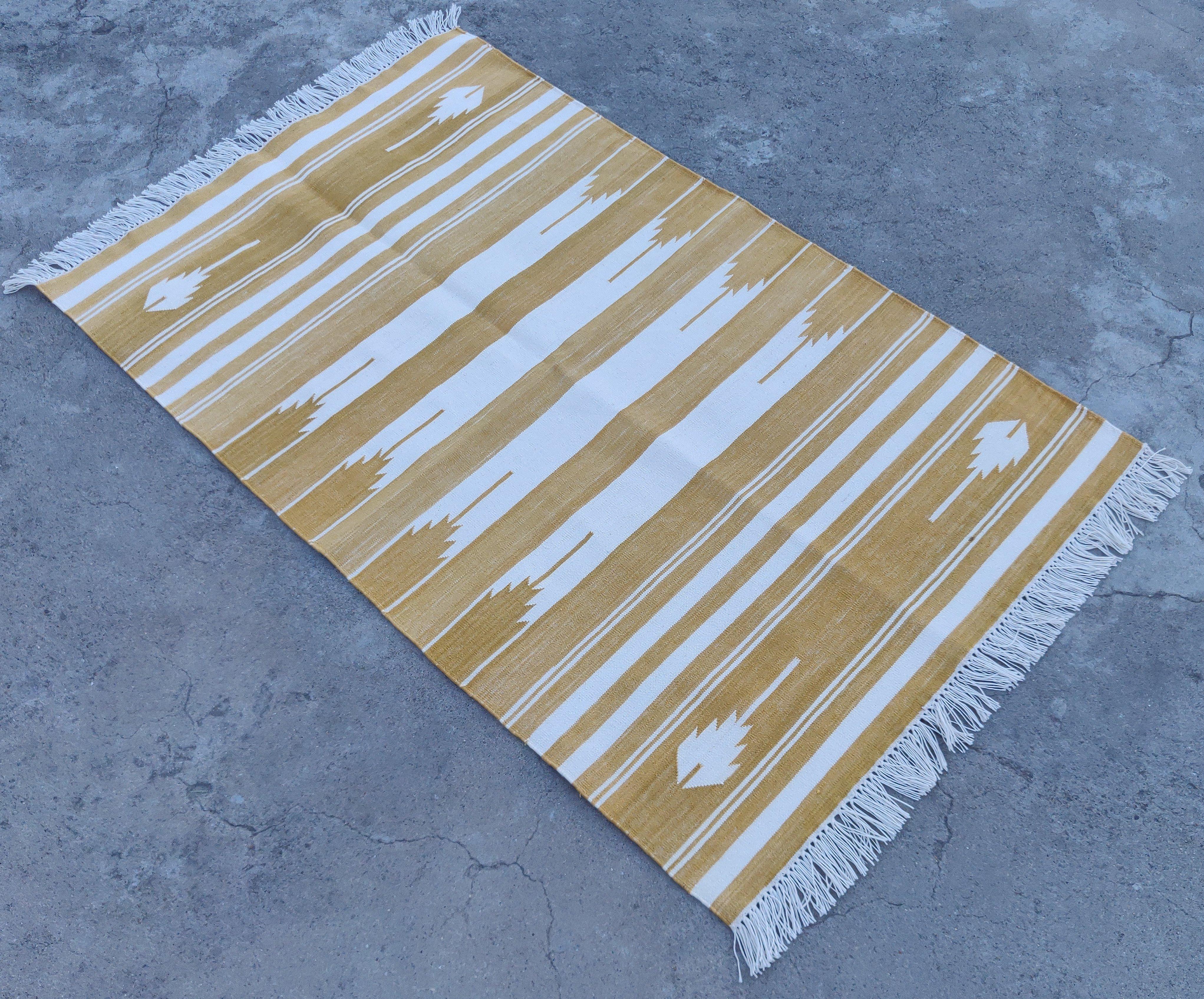 Cotton Vegetable Dyed Mustard And White Striped Indian Dhurrie Rug-30