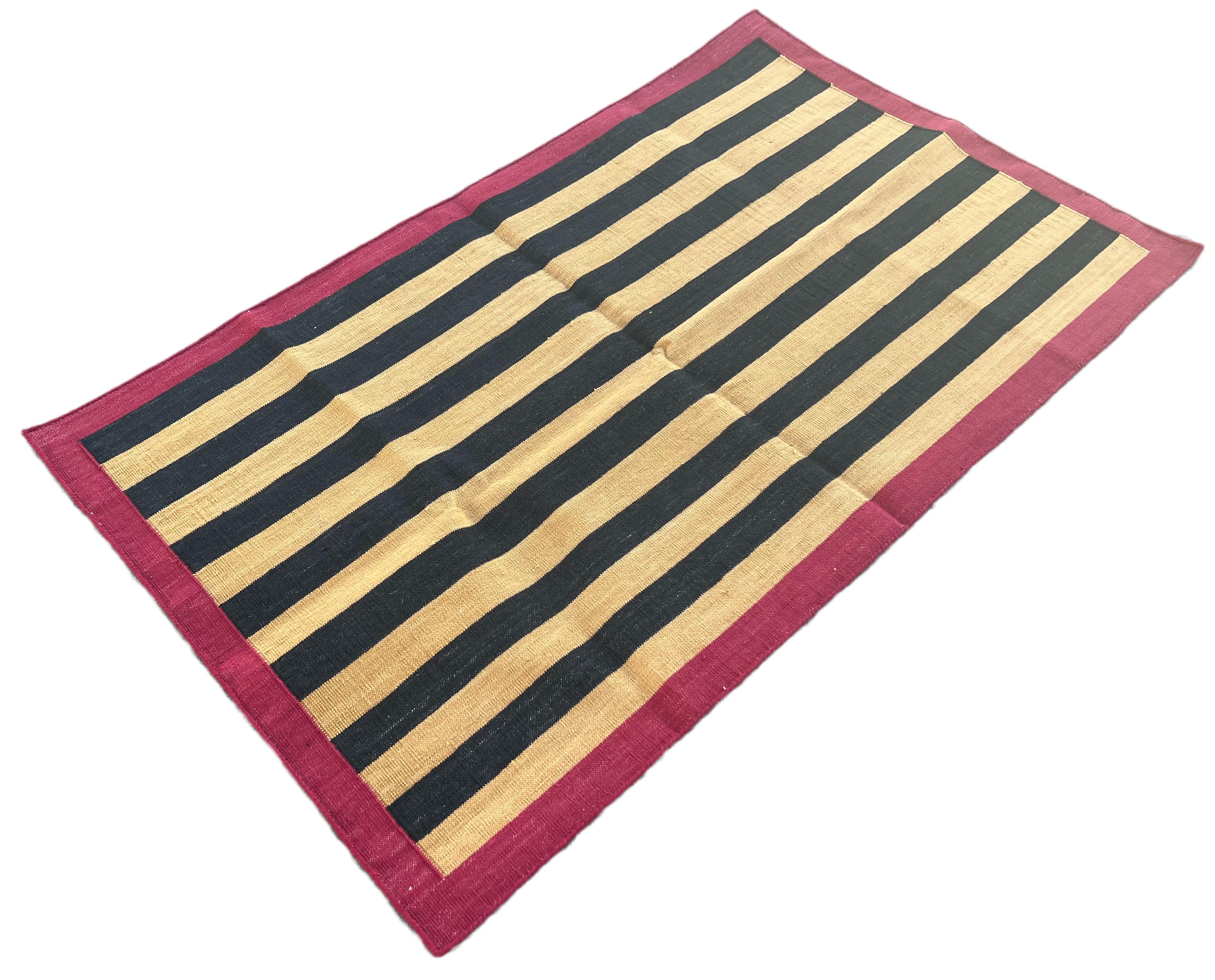 Hand-Woven Handmade Cotton Area Flat Weave Rug, 2.5x4 Yellow, Black Striped Indian Dhurrie For Sale