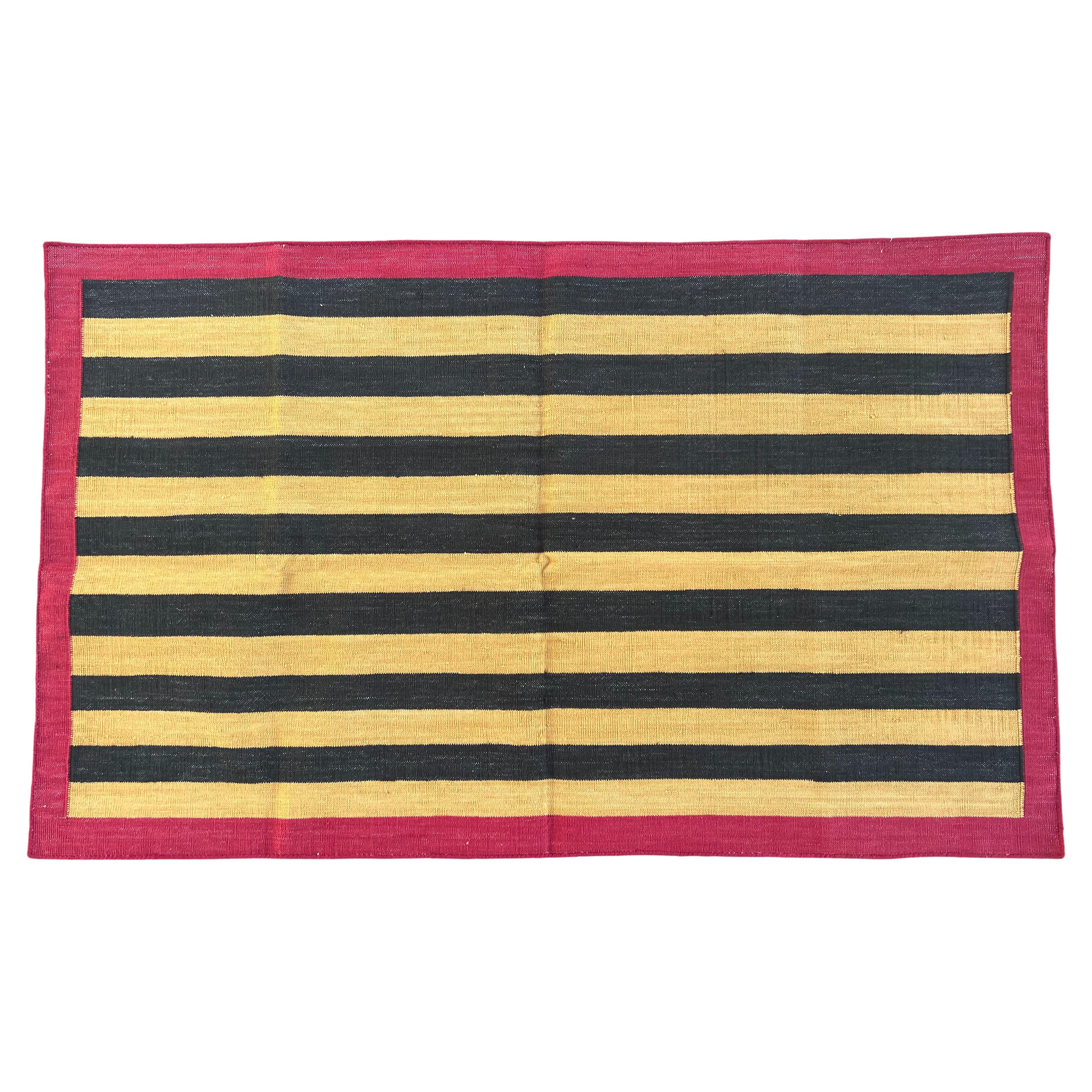 Handmade Cotton Area Flat Weave Rug, 2.5x4 Yellow, Black Striped Indian Dhurrie