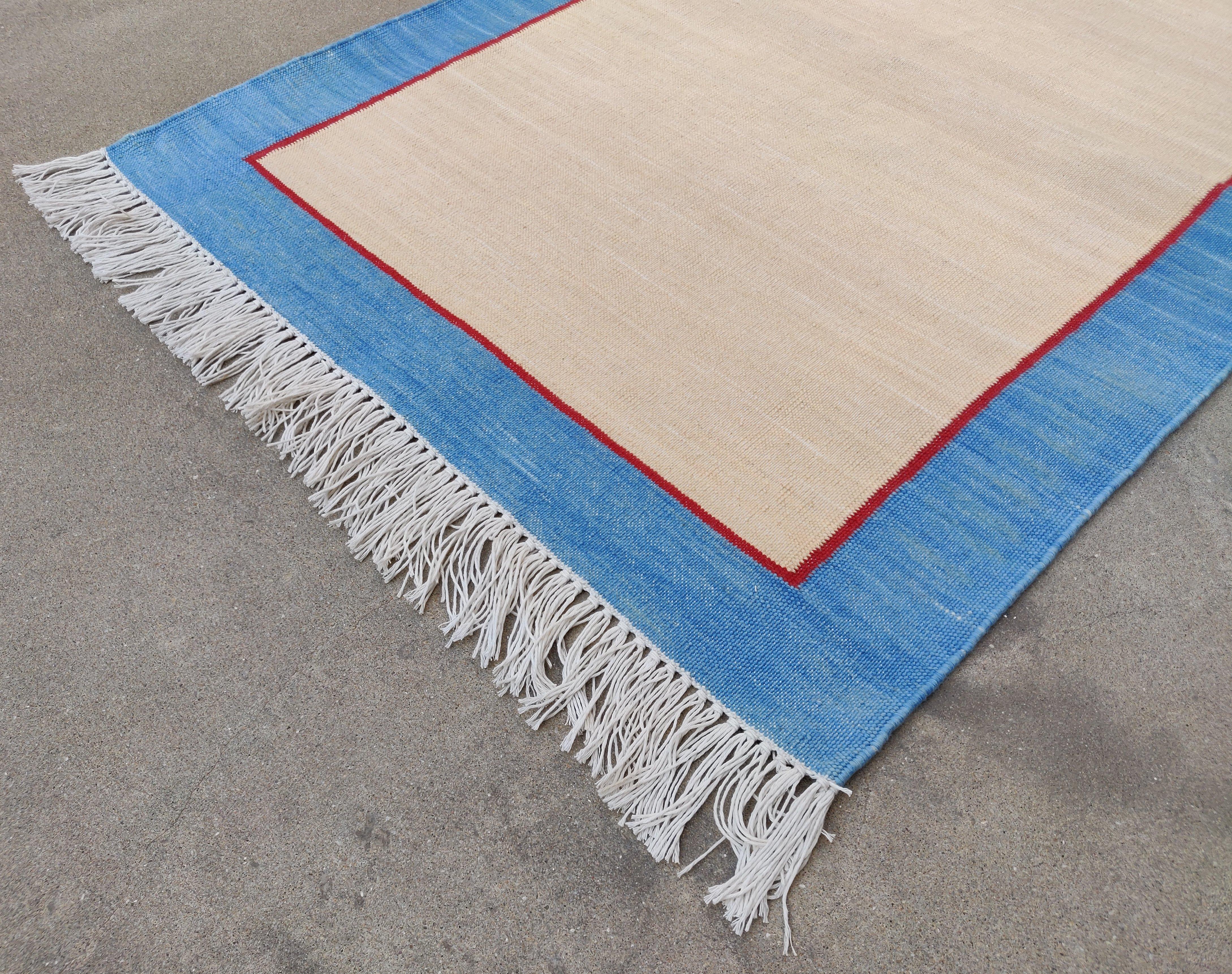 Mid-Century Modern Handmade Cotton Area Flat Weave Rug, 2x3 Beige And Blue Bordered Indian Dhurrie For Sale