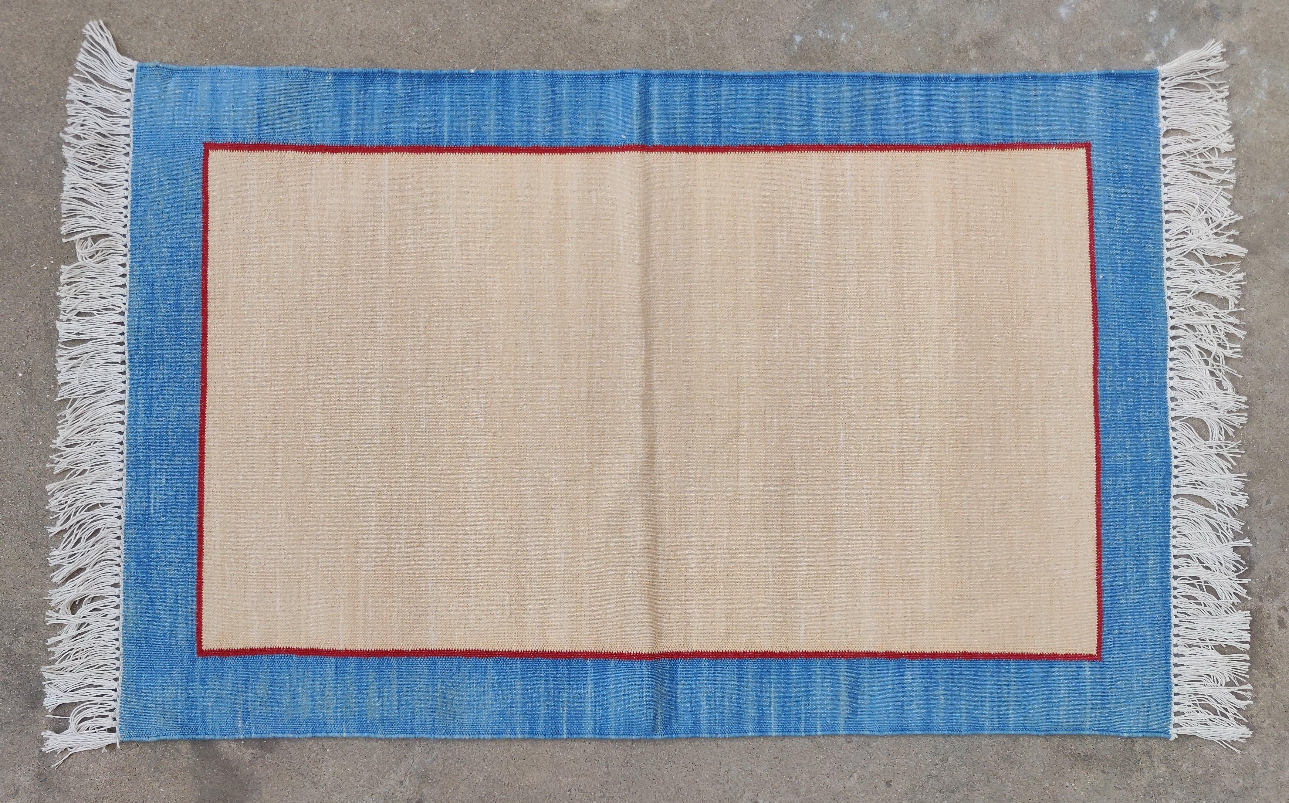Handmade Cotton Area Flat Weave Rug, 2x3 Beige And Blue Bordered Indian Dhurrie For Sale 1