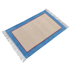 Handmade Cotton Area Flat Weave Rug, 2x3 Beige And Blue Bordered Indian Dhurrie