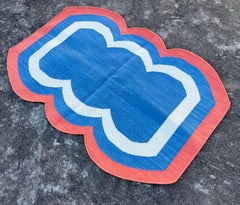 Handmade Cotton Area Flat Weave Rug, 2x3 Blue And Coral Scalloped Indian Dhurrie